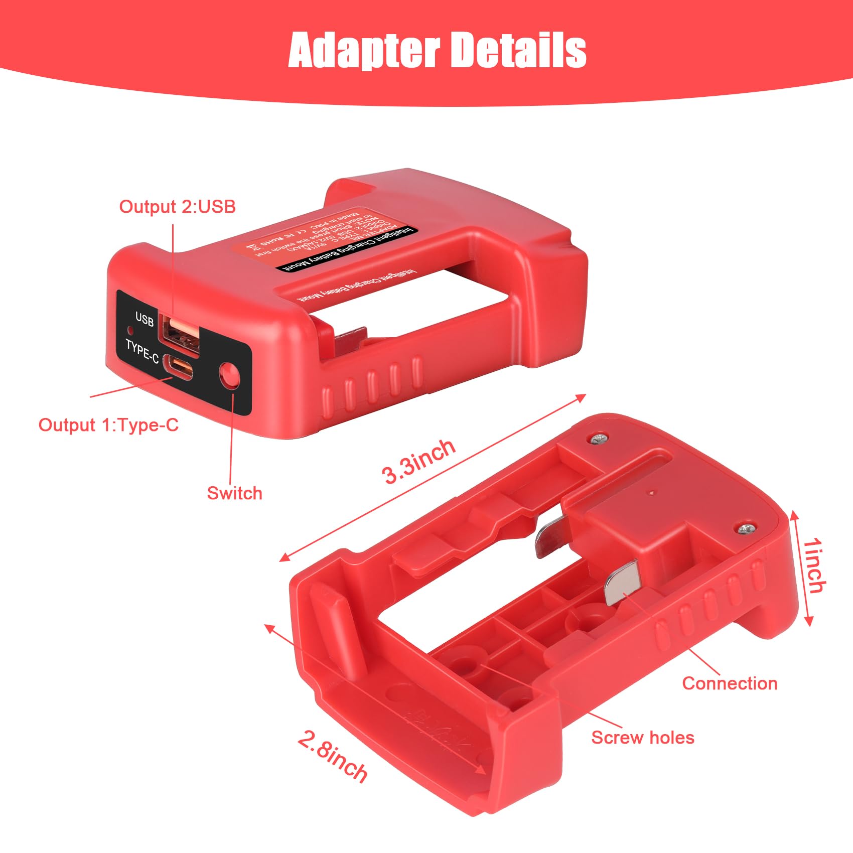 Kunlun 2 Pack Usb Charger Adapter Compatible For Milwaukee M18 18V Battery, Dual Output Port With Usb And Type C Charging Interf
