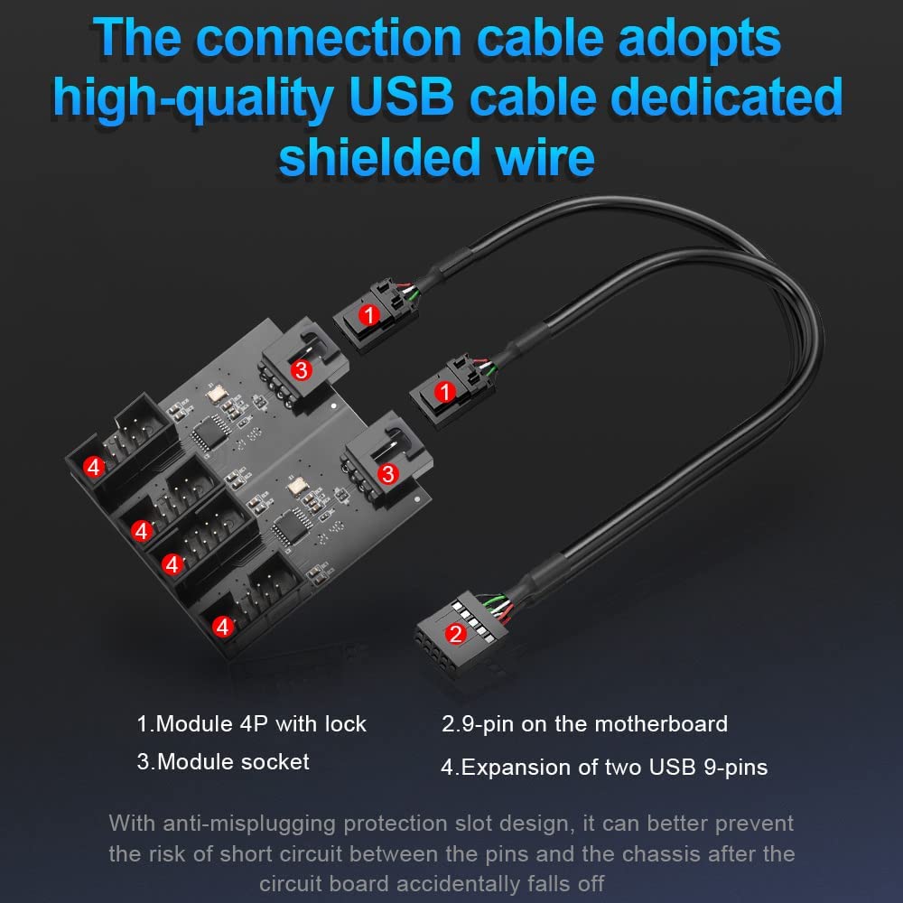 Kartoman 9Pin Internal Usb 2.0 Header Splitter For Pc Motherboard Male 1 To 4 Female Extension Cable Connector Adapter