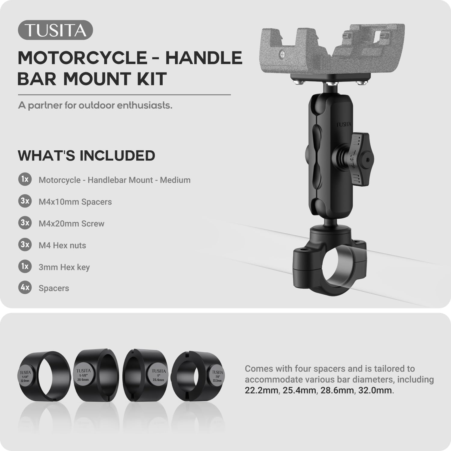 Tusita Motorcycle Gps Mount Compatible With Garmin Montana, Zumo Xt Gps   Handlebar Base With Medium Double Socket Arm