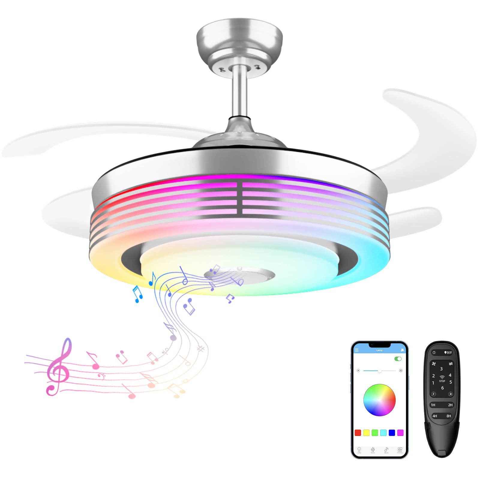 42 Inch Modern Retractable Ceiling Fan With Lights And Smart Remote,Led Fandelier Ceiling Fan With Light 6 Speed Bluetooth Speak