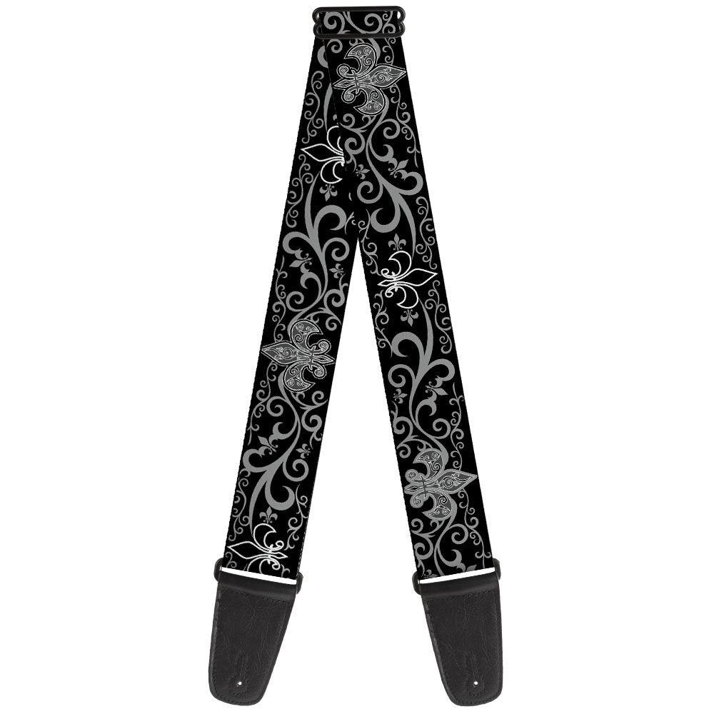 BuckleDown GSW30611 Grey & Black Fleur De Lis & Scroll Pattern Guitar Strap