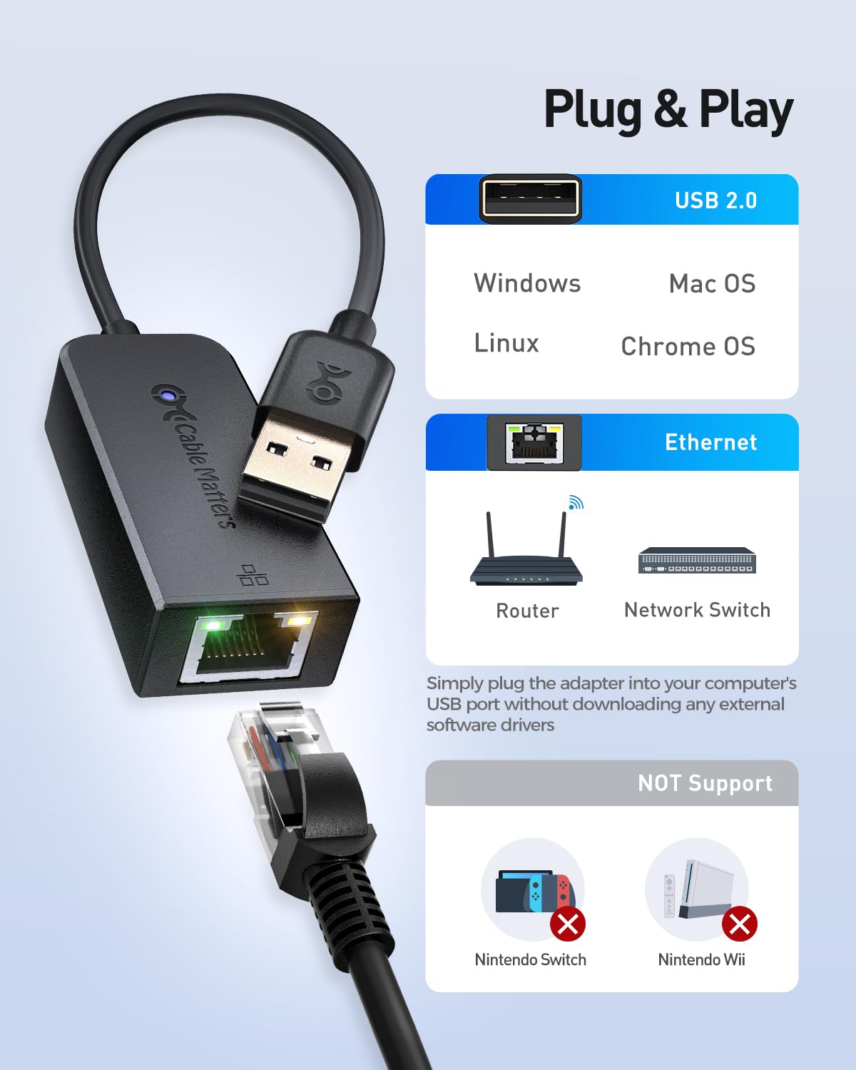 Cable Matters 2 Pack Plug & Play Usb To Ethernet Adapter With Pxe, Mac Address Clone Support (Ethernet To Usb 2.0 Adapter, Ether