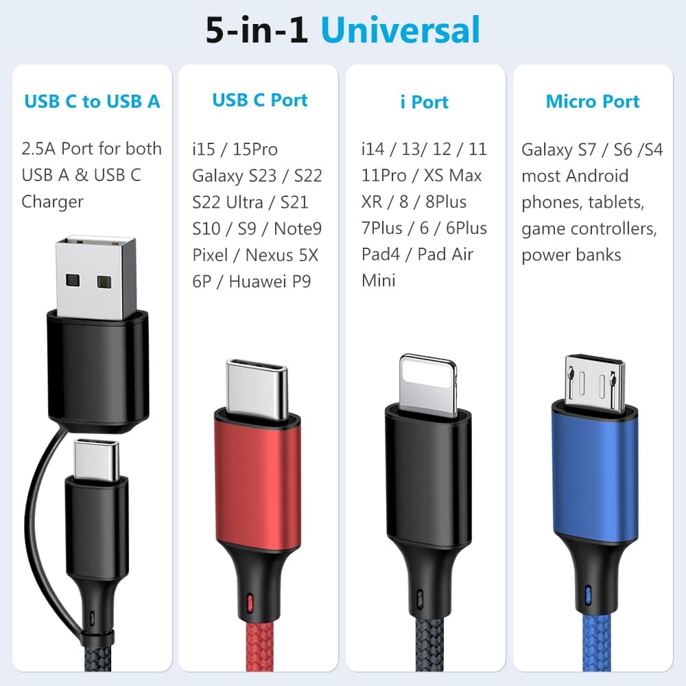 Puxnoin Multi Charging Cable 5 In 1, 2Pack 4Ft Multi Usb Charger Cable Universal Multiple Charging Cord With Usb C/Micro Usb Con