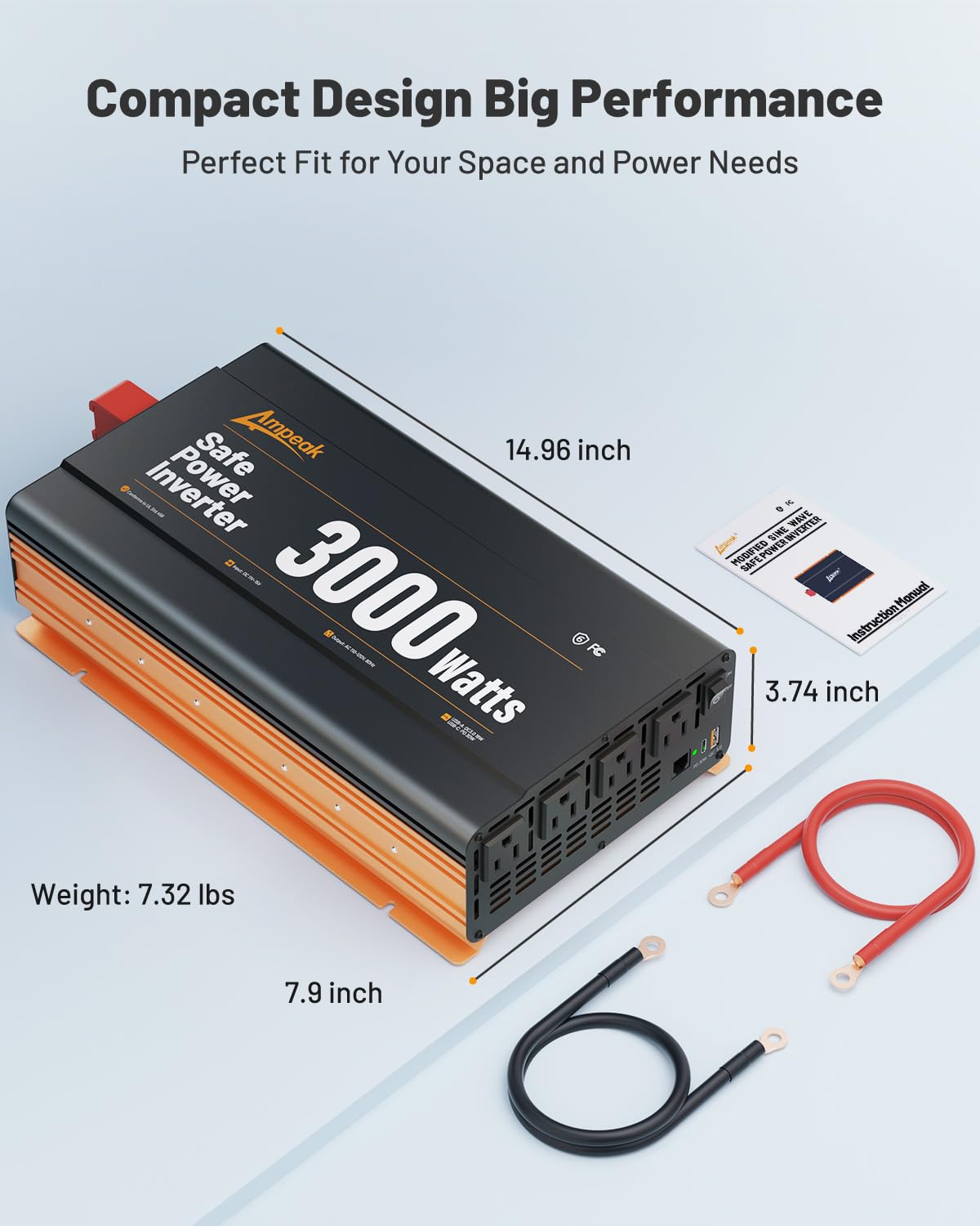 Ampeak 3000W Power Inverter, Inverter 12V To 110V Modified Sine Wave, High Conversion Efficiency 89%,Usb Port 18W Pd 30W, 4 Ac O