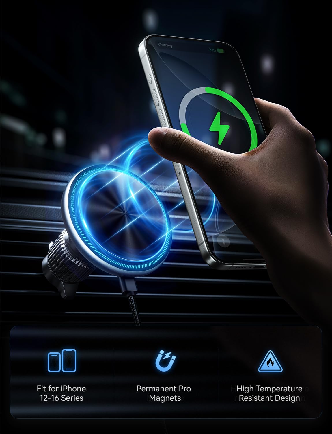 Uptohigh For 15W Magsafe Car Mount Charger, [Vibrant Led Decoration] Wireless Car Charger, Magnetic Phone Holder Mount For Air V