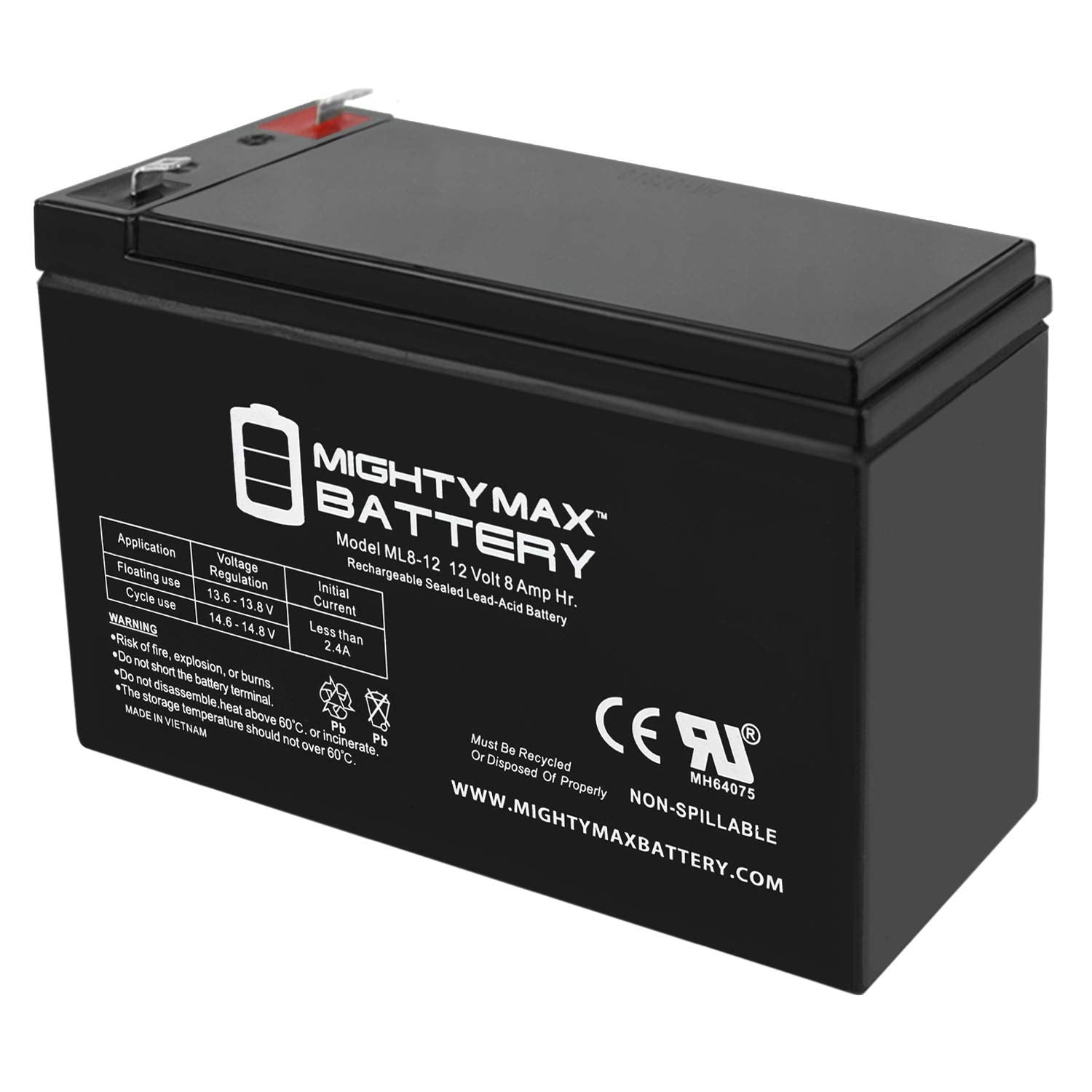 Ml8 12   12 Volt 8 Ah, F1 Terminal, Rechargeable Sla Agm Battery