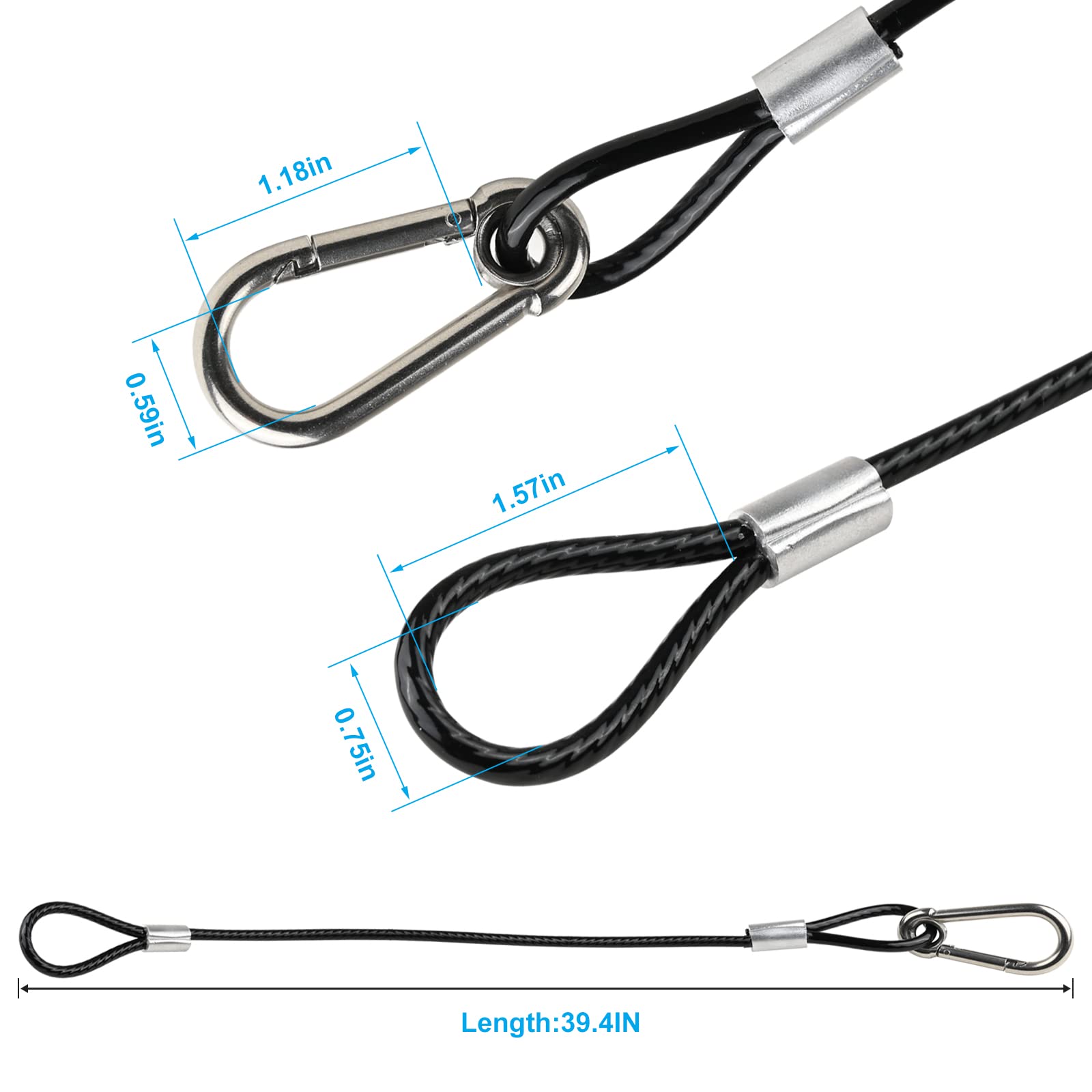 Vigtayue 39.4'' Safety Cable Black Coated Stainless Steel Security Cable With Carabiner Lock, 110Lb Safety Rope For Dj Stage Lig