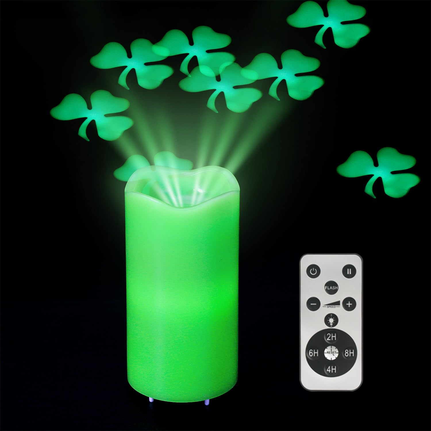 St. Patrick'S Day Green Led Candle With Lucky Clover Projection, Real Wax & Remote Control, Decorative Candle Projector Light