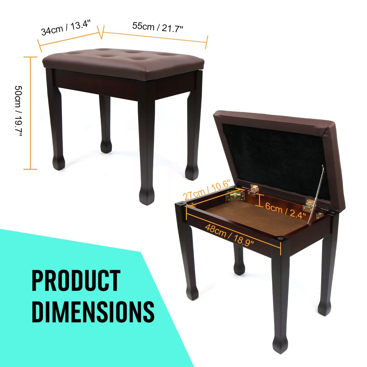 Filisite Piano Bench With Waterproof Padded Cushion, Makeup Stools For Vanity, Bench For Living Room/Bedroom Xj580-2 (Brown)