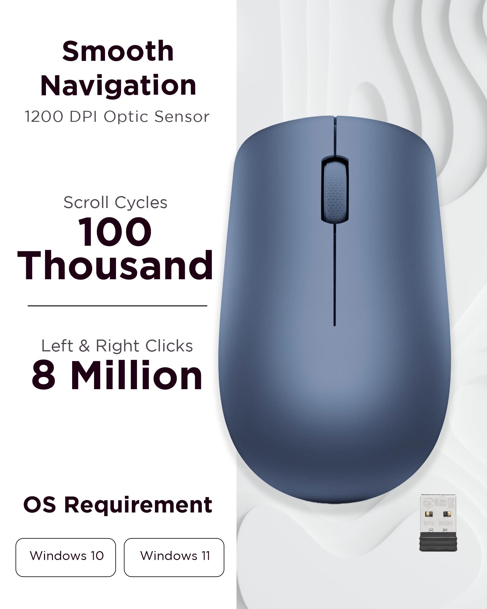 Lenovo 530 Wireless Mouse With Battery, 2.4Ghz Nano Usb, 1200 Dpi Optical Sensor, Ergonomic For Left Or Right Hand, Lightweight,
