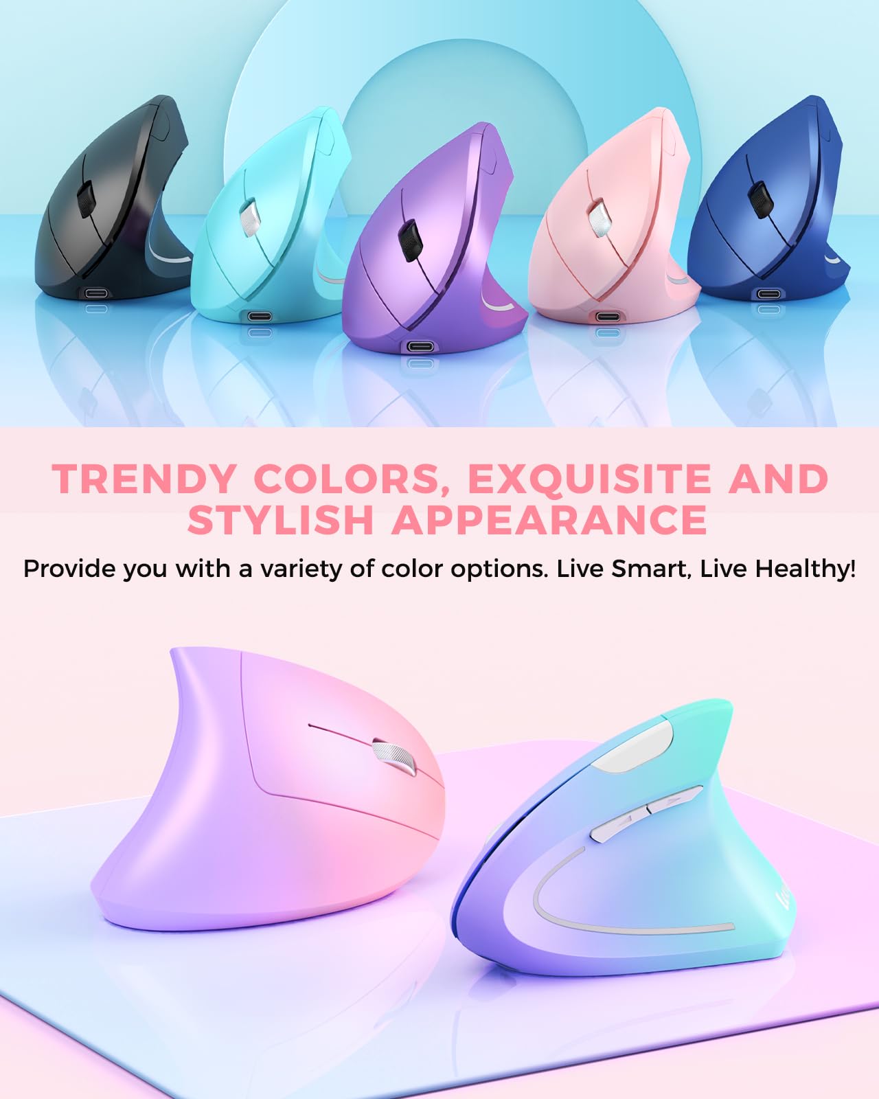 Lekvey Ergonomic Mouse, Vertical Wireless Mouse, Rechargeable 2.4 Ghz Usb Optical Carpal Tunnel Mice : 800/1200 / 1600 Dpi, 6 Buttons, For Laptop, Pc, Computer, Desktop, Notebook Etc, Pink