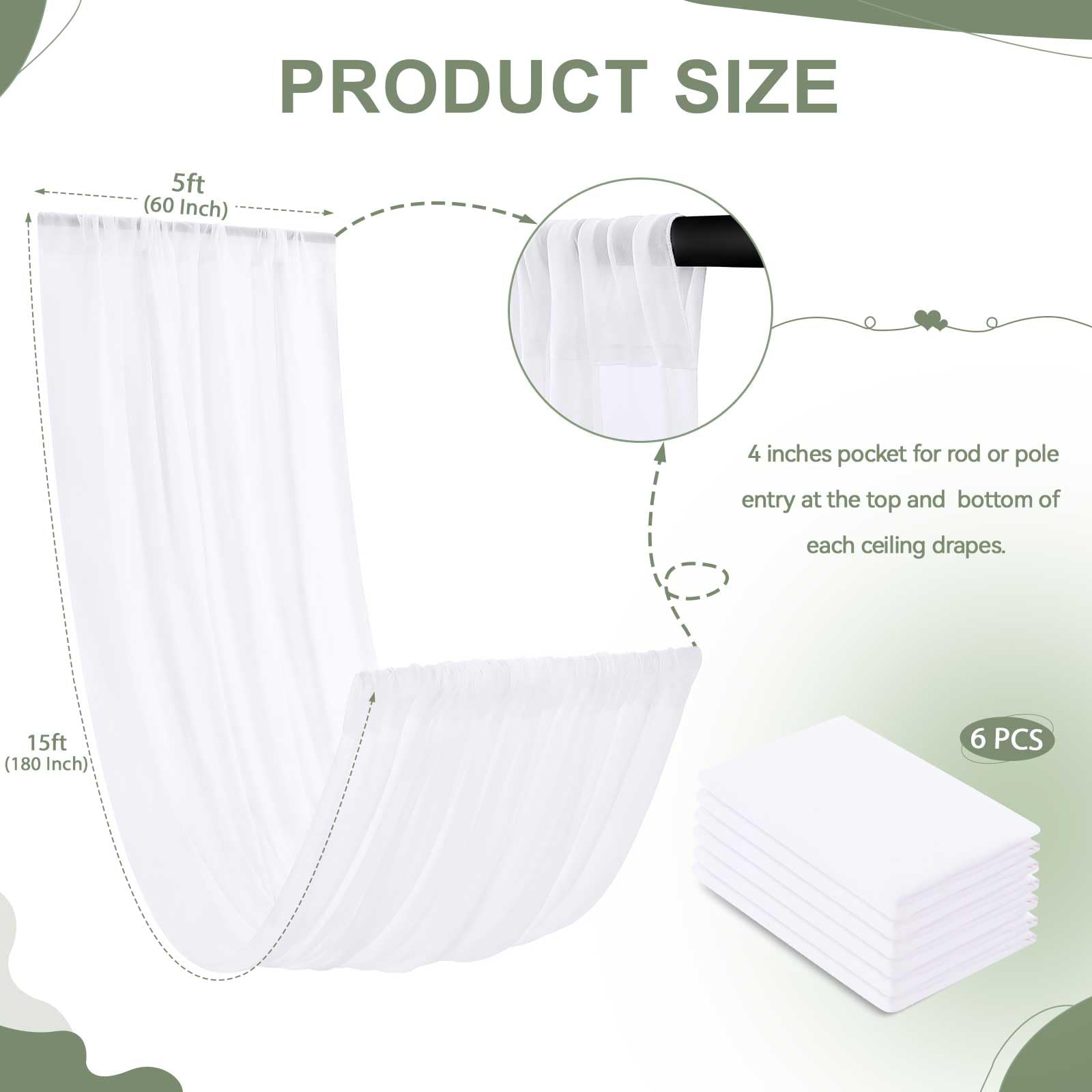 White Chiffon Ceiling Drapes 6 Panels 5Ftx15Ft Wedding Ceiling Draping Fabric Sheer Swag Drapes For Indoor Ceremony Conservatory