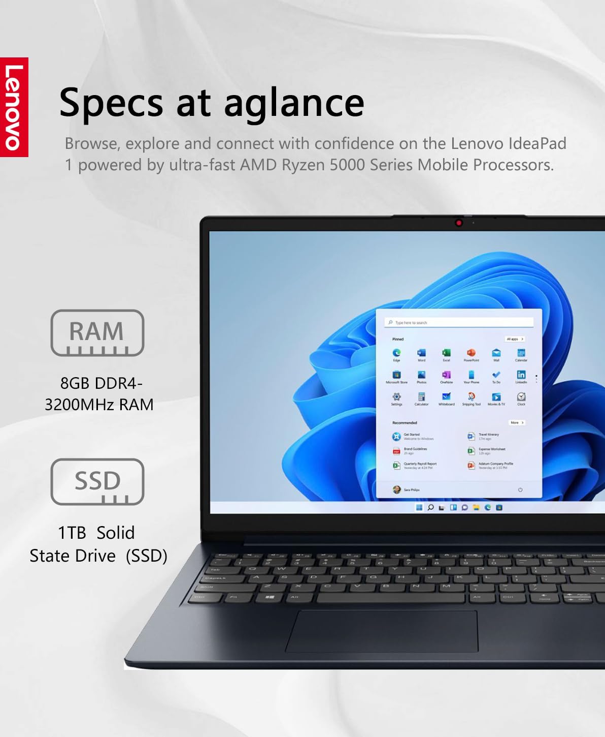 Lenovo Ideapad 1 Laptop, 15.6'' Fhd (1920X1080) Ips 300Nits Anti Glare Display, Touch, Ryzen 5 7520U, 8Gb Ram, 1Tb Storage, Amd