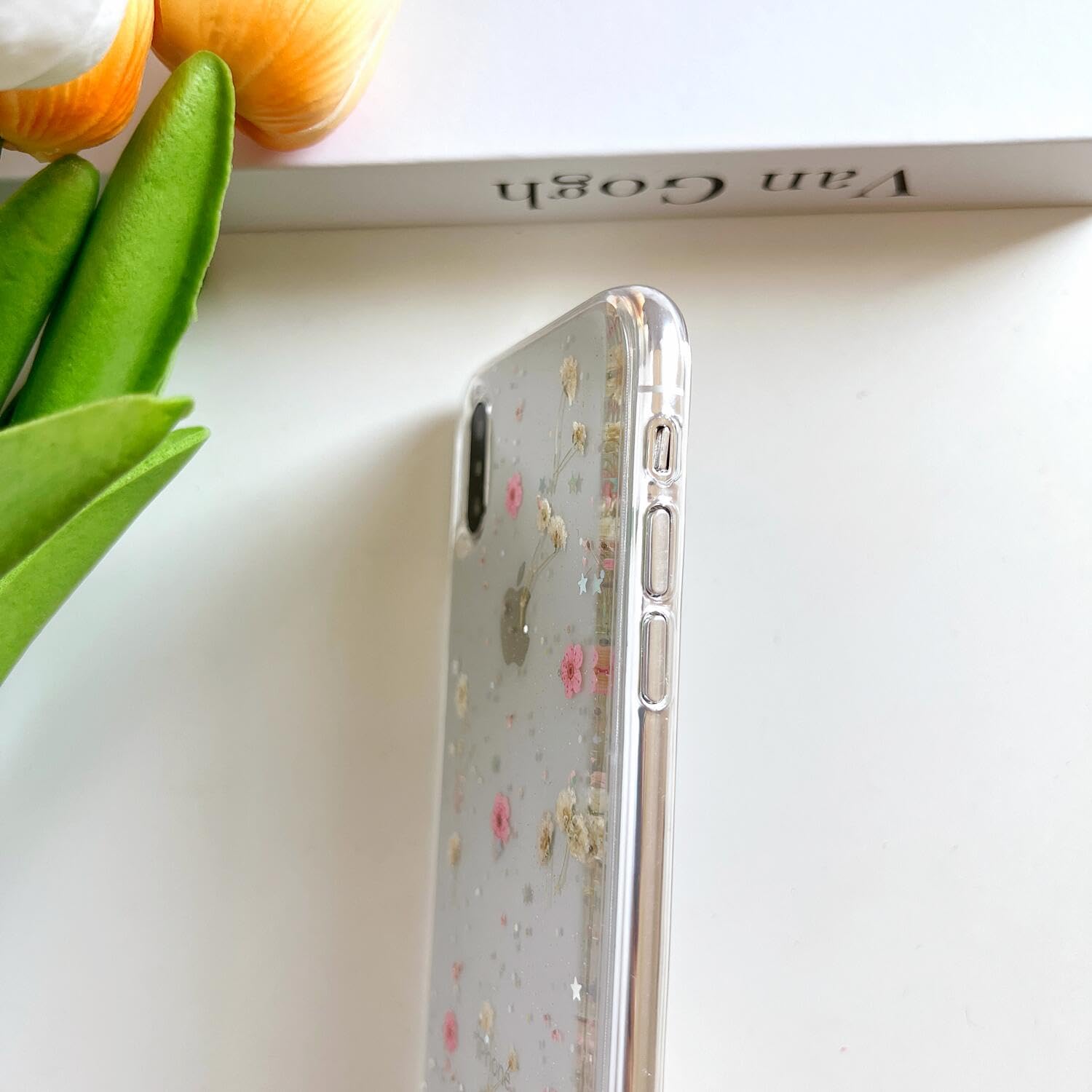 Lseeka For Iphone Xs Max Clear Case With Pressed Real Flowers Design,Glitter Cute Pink Floral Pattern Slim Soft Tpu Protective W