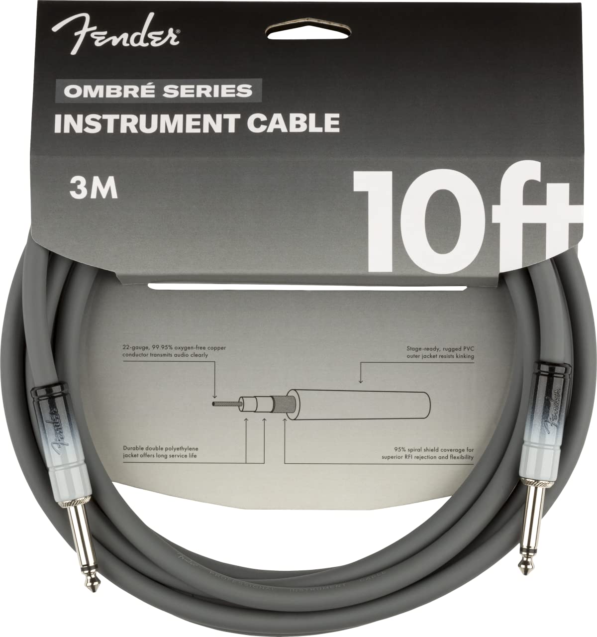 Fender Ombre Instrument Cable, Guitar Cable, Guitar Accessories, Straight/Straight, Silver Smoke, 10Ft