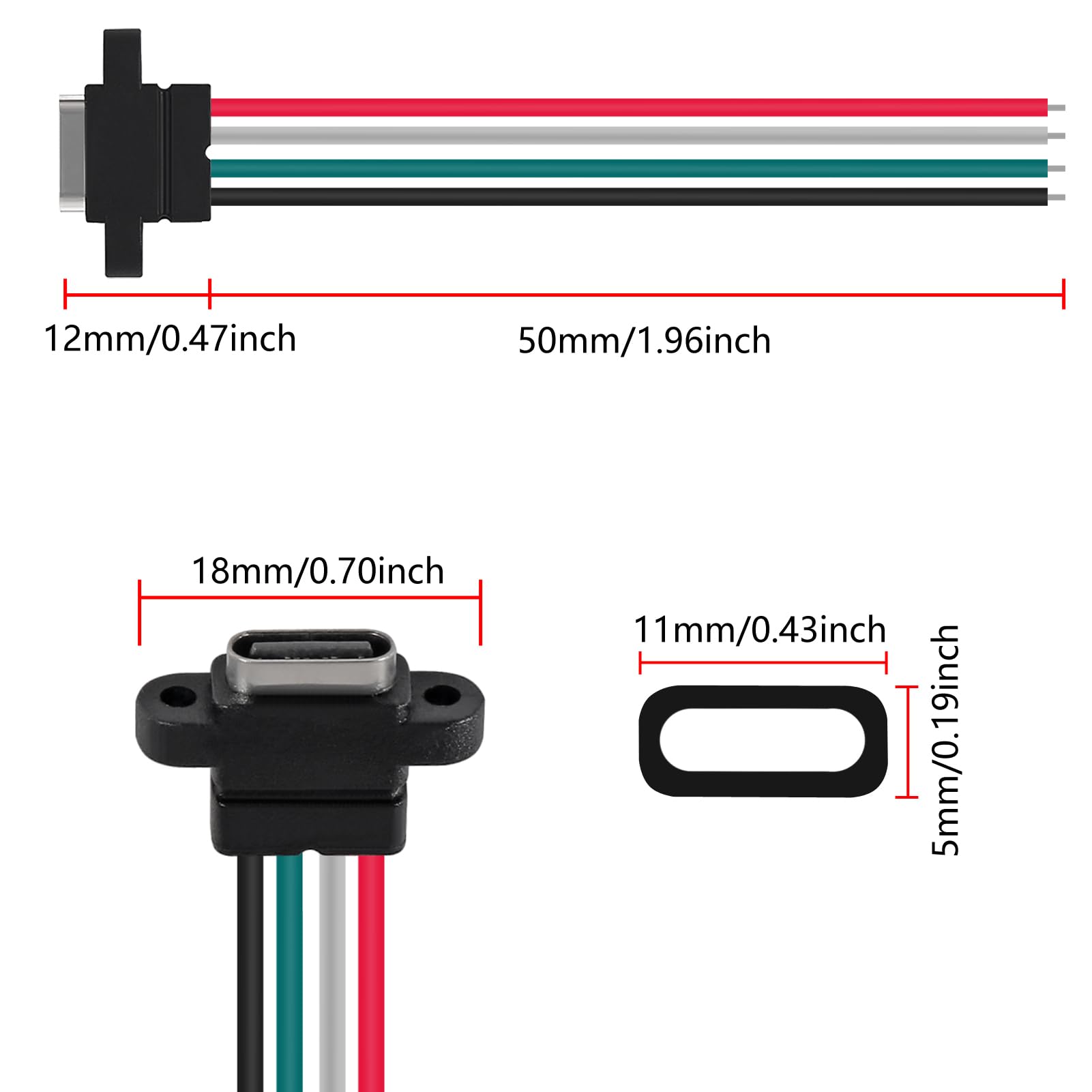 Xiitia 8Pcs Usb Connector Type C Female Chassis 4 Pin For Diy, Waterproof 4P Solder Wire Type Usb C Pigtail Cable Extension Powe