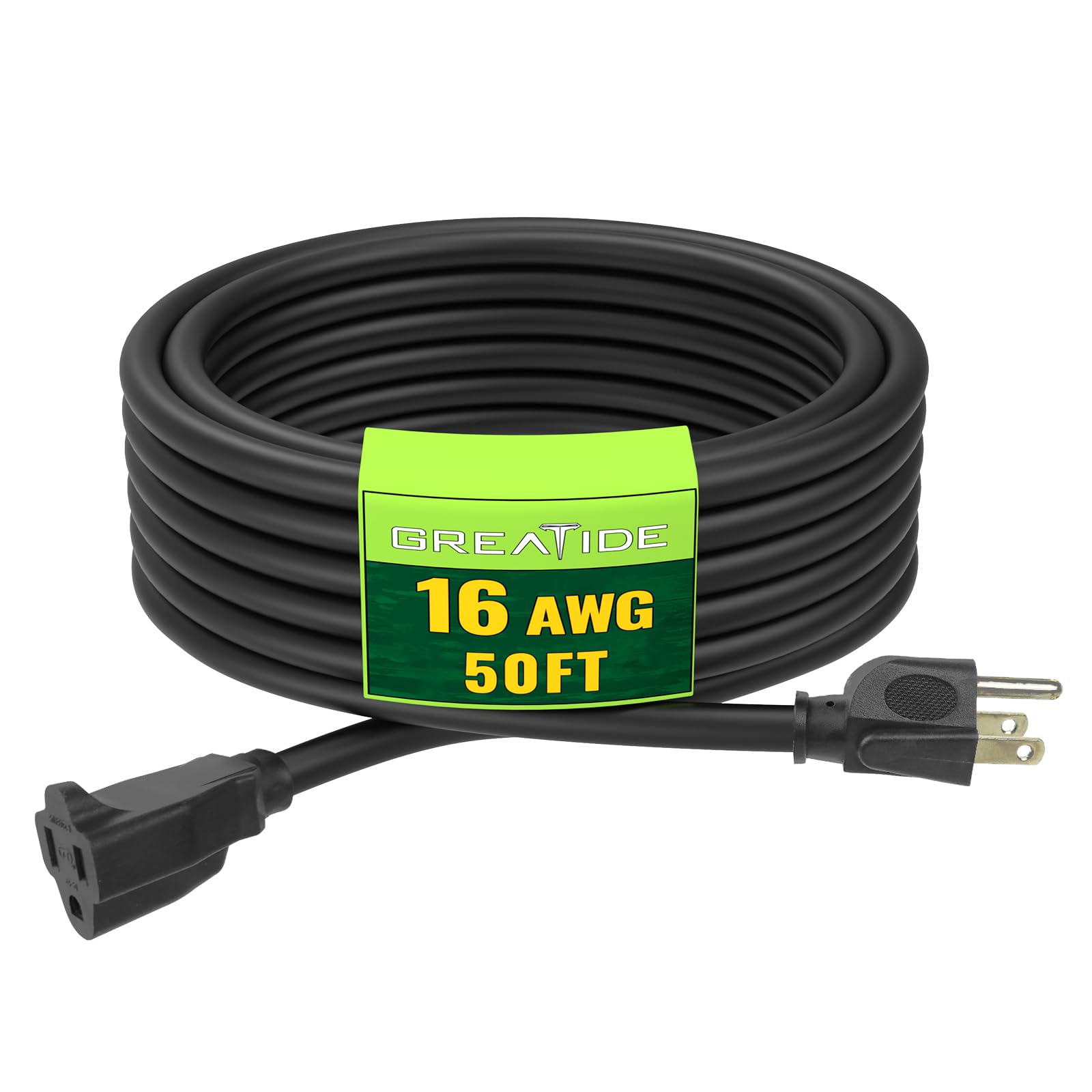 Greatide Indoor Outdoor Extension Cord 50 Ft, 16/3 Sjtw Weatherproof Black Electrical Cords, 13 Amp Heavy Duty 3 Prong Power Cab