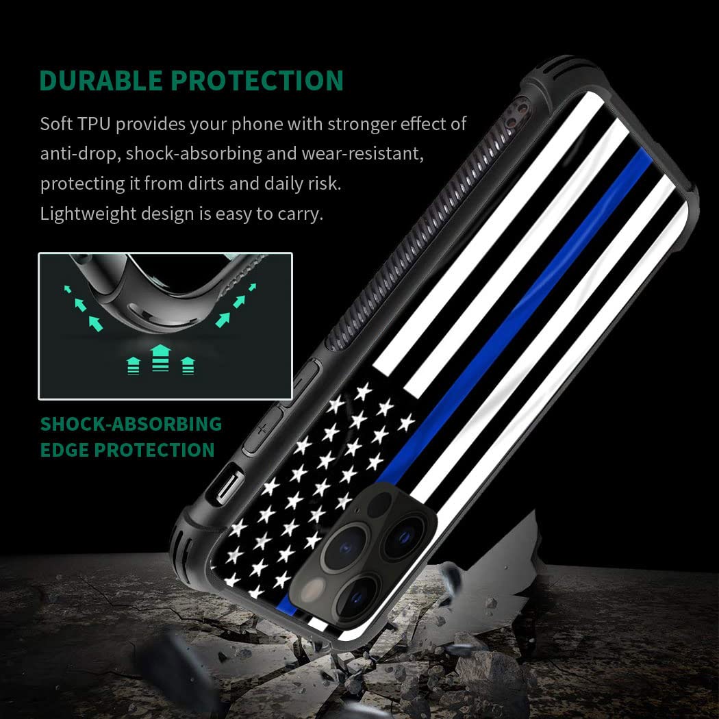 ZHEGAILIAN iPhone 14 Pro Protective Case Tempered Glass TPU Blue Line American Flag 6.1-inch