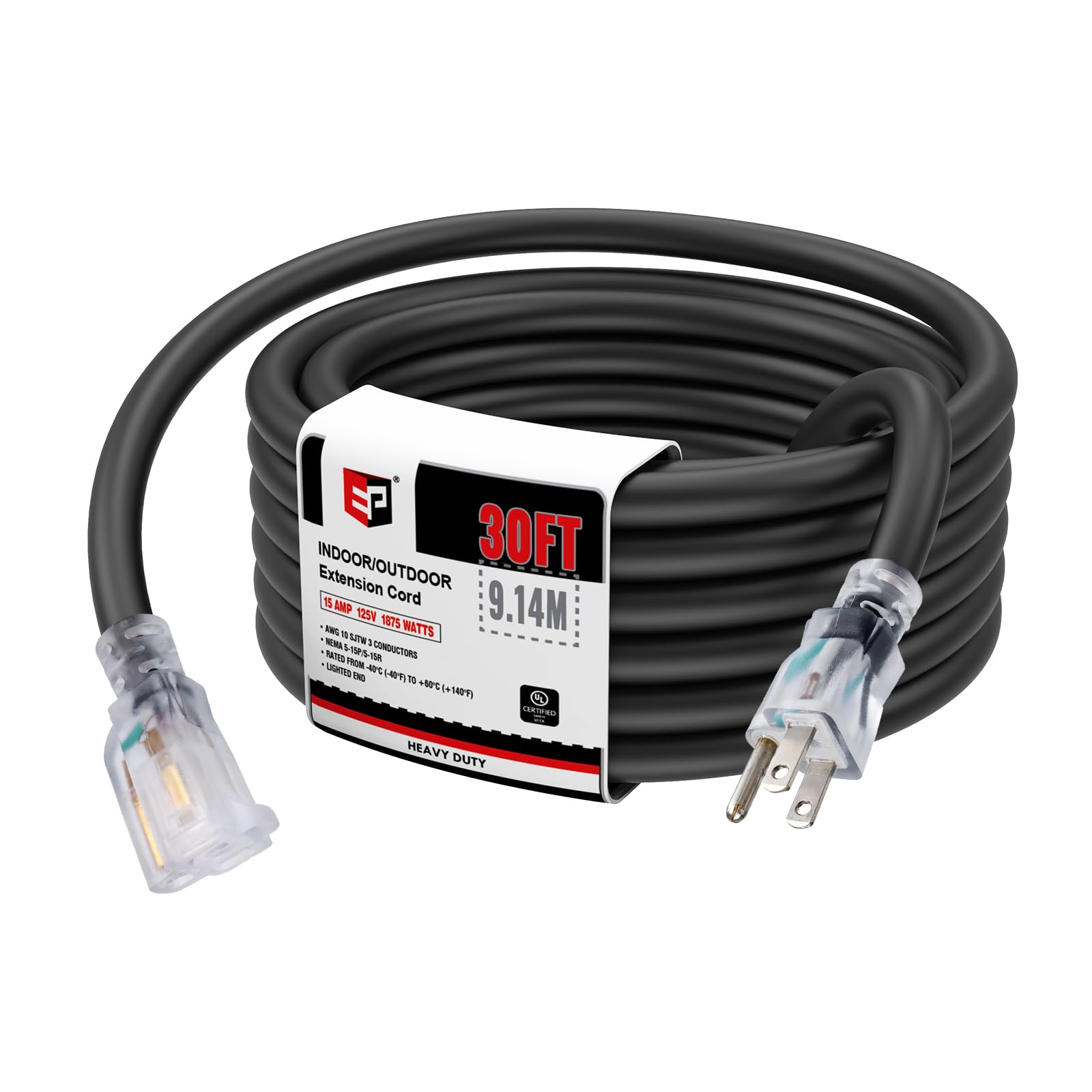 Ep 30 Ft Lighted Outdoor Extension Cord   10/3 Sjtw Heavy Duty Black Extension Cable With 3 Prong Grounded Plug For Safety, Ul L