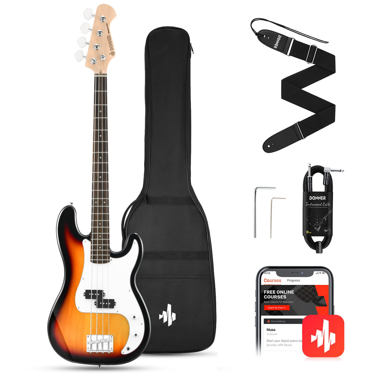 Donner Electric Bass Guitar 4 Strings Full Size Standard Bass Pb Style Beginner Kit Sunburst For Starter With Free Online Lesson