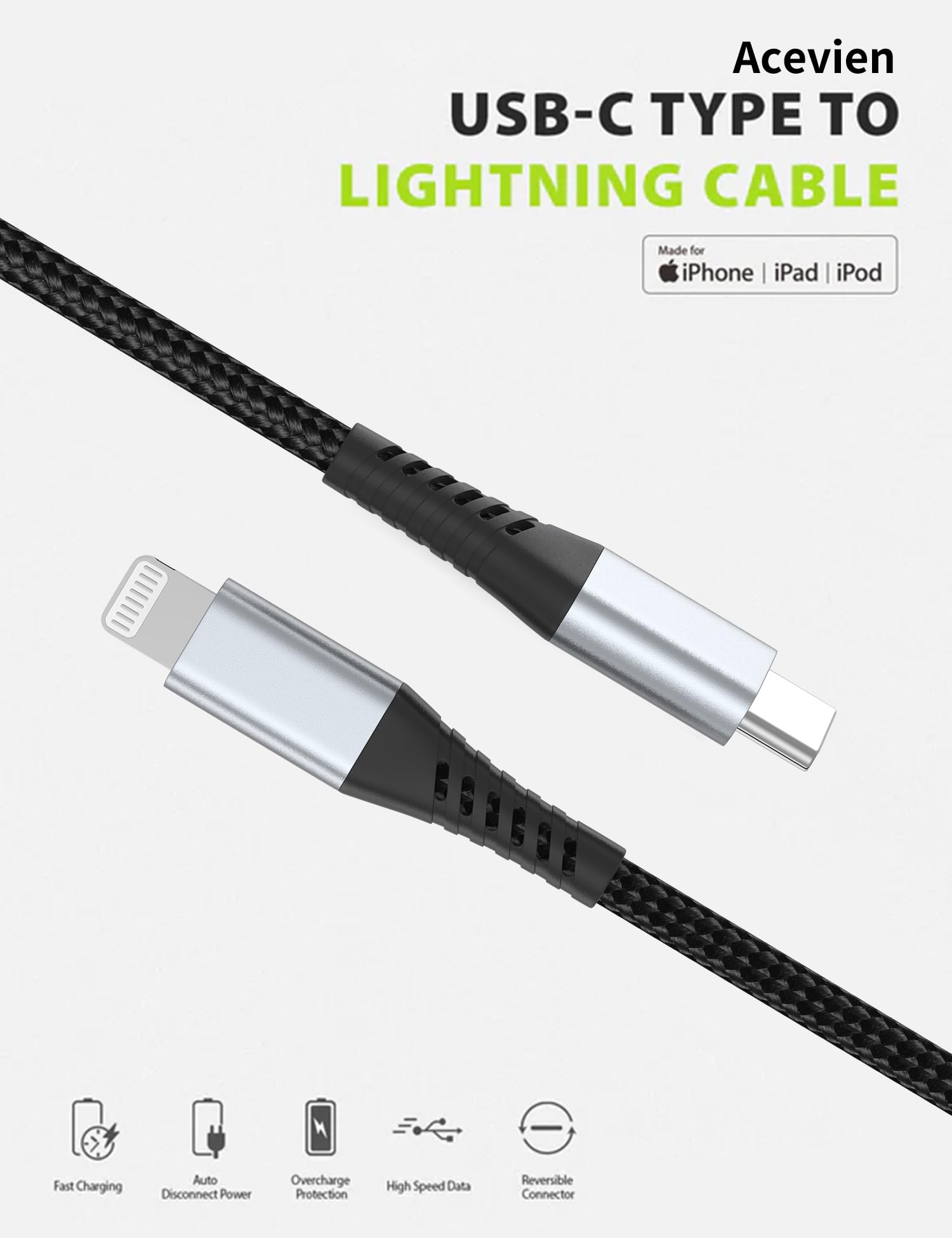 Acevien 2Ft Usb C To Lightning Cable, 3Pack Short Iphone Charging Usb C Cable Braided 2 Foot Pd Fast Charging Compatible With Ip