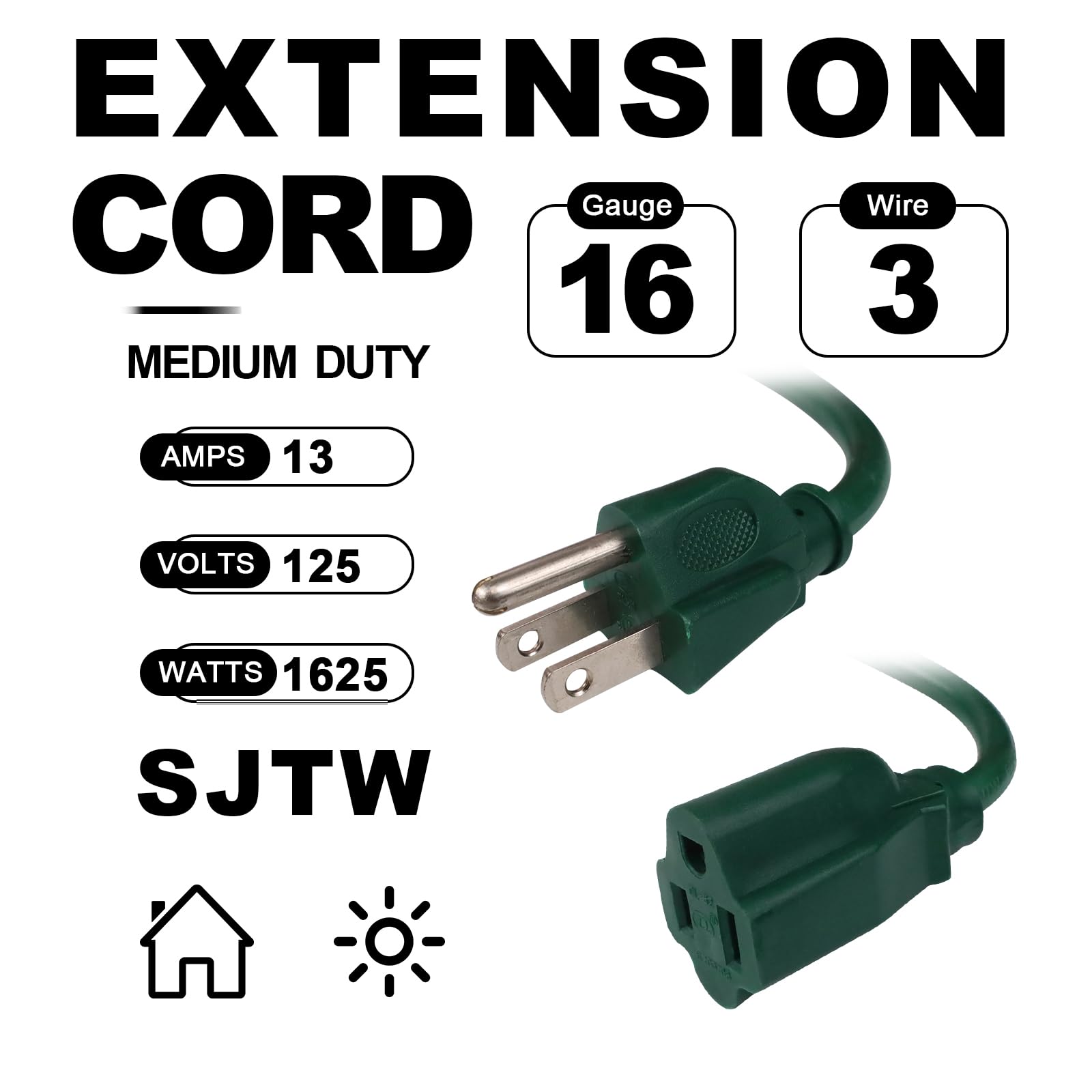 Ep 100Ft Green Outdoor Extension Cord, 16/3 Sjtw Heavy Duty Waterproof, 3 Prong Grounded Plug, 13A 1625W 16Awg, Cold Resistant F