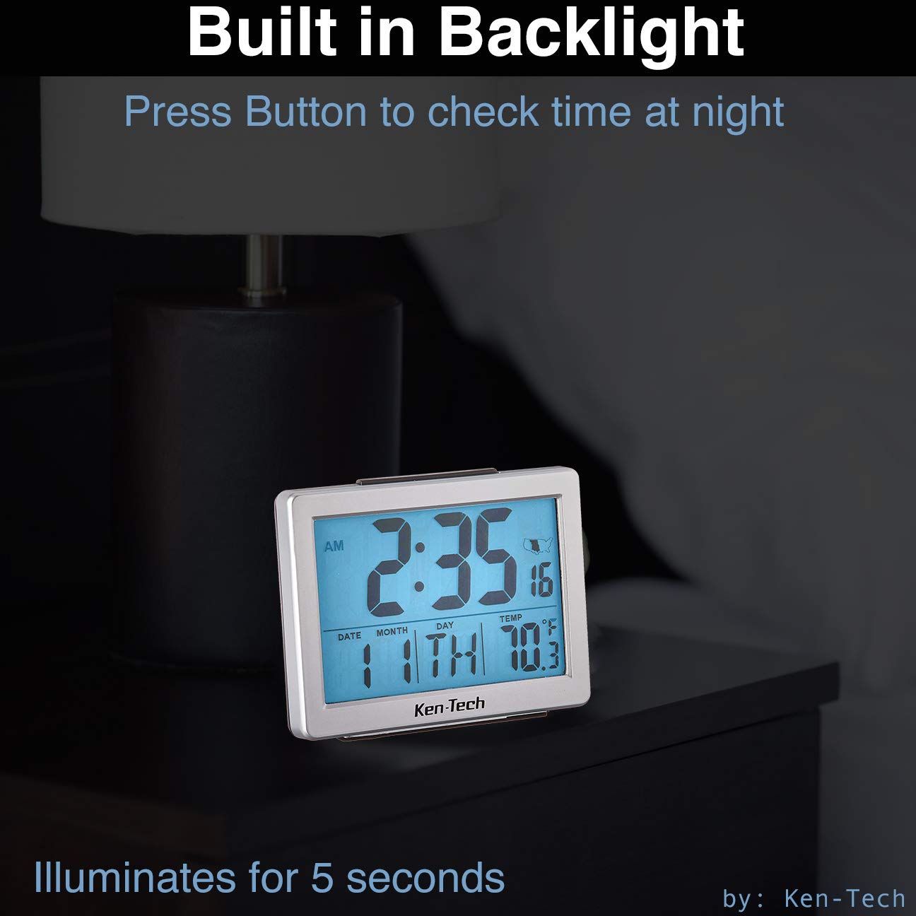 Sonnet Ken Tech T 4652 Atomic Radio Controlled Lcd A Larm Clock, 1.5 Inch, Black Blue Light