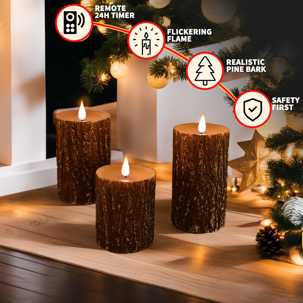 Niceme Led Pine Bark Flameless Candles Set Of 3 Real Wax Battery Operated Candles Flickering Teardrop Wick Electric Decorative P