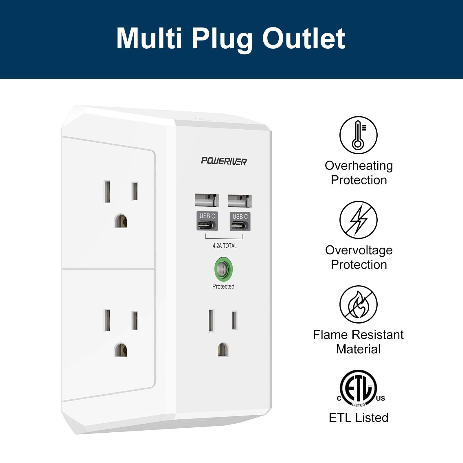 Multi Outlet Extender Surge Protector   Poweriver Multi Plug Wall Outlet With 5 Ac Outlets And 4 Usb Ports(2Usb C), 1680 Joules,