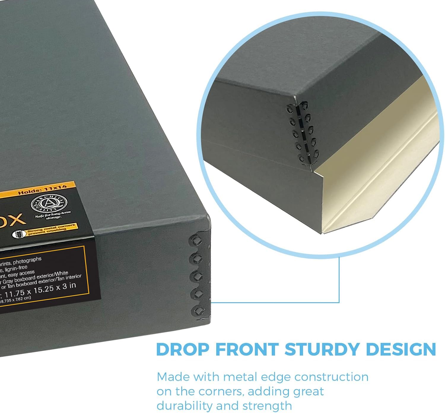 Lineco Museum Storage Box, Archival Acid Free Buffered Drop Front Design With Metal Edges, 11X14X3 Inches, Photo Organizer Preservation Box, Gray