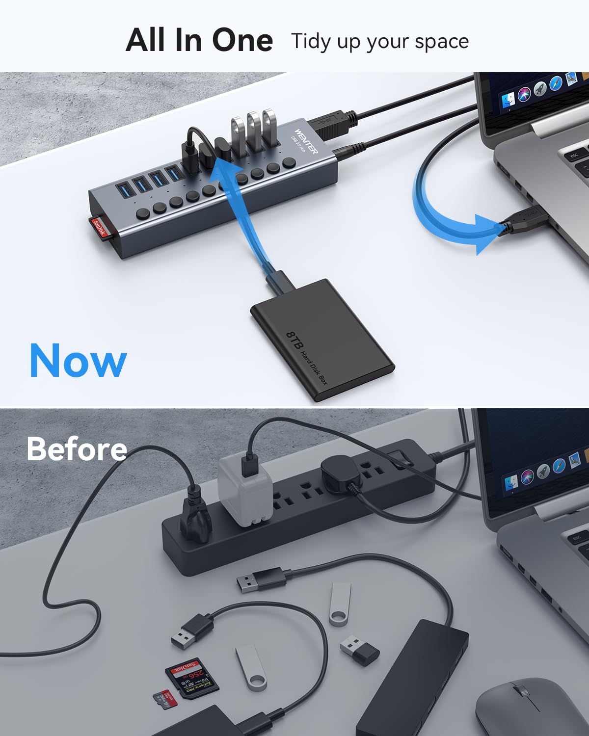 Powered Usb 3.0 Hub, Wenter 10 Ports 36W Powered Usb Hub, Aluminum Usb Splitter With Individual On/Off Switches, Sd/Tf Card Readers And 12V/3A Power Adapter For Pc/Laptops/Macbook Pro/Air/Imac/Ipad