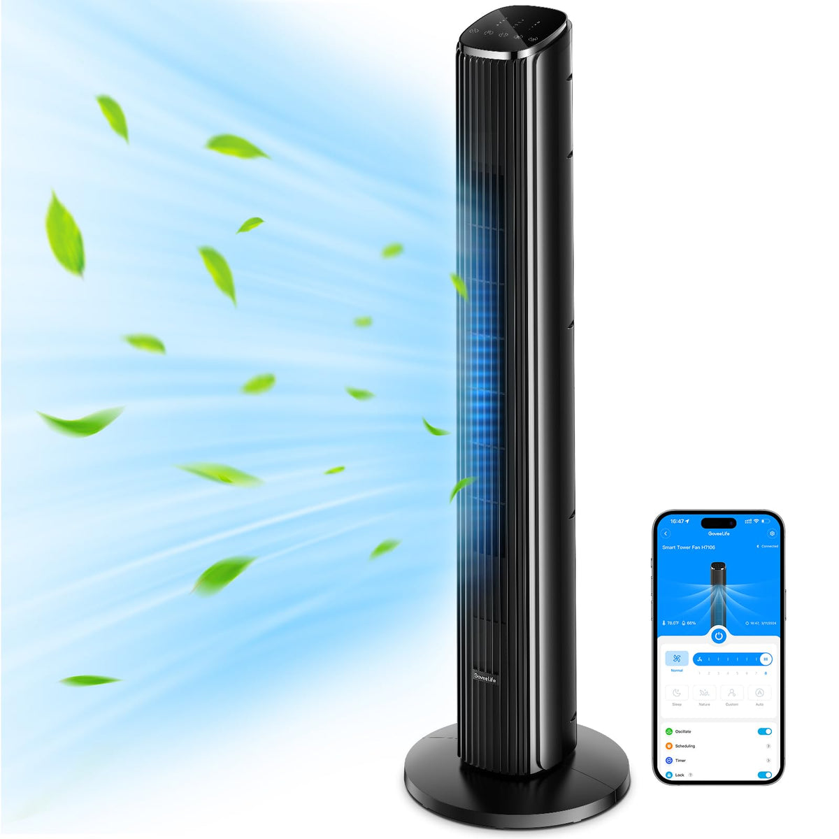 Goveelife 36 Inch Tower Fan For Bedroom, Smart Oscillating Floor Fans With Temperature Sensor, App & Voice Remote, 5 Modes 8 Spe