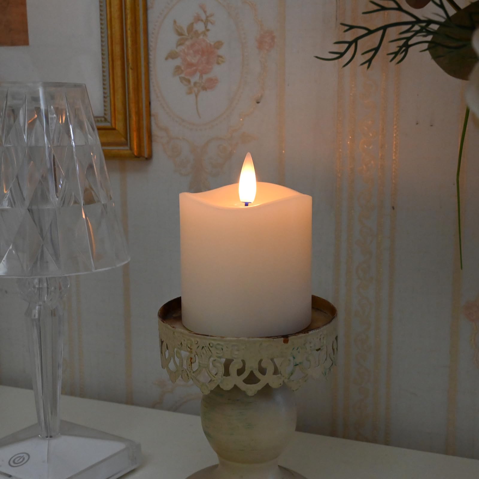 Cozierglow Stripe Pillar Candles With Remote Timer, Battery Candles Up To 400 Hours, 3D Moving Flame Wax Candles, Set Of 2, 3 X