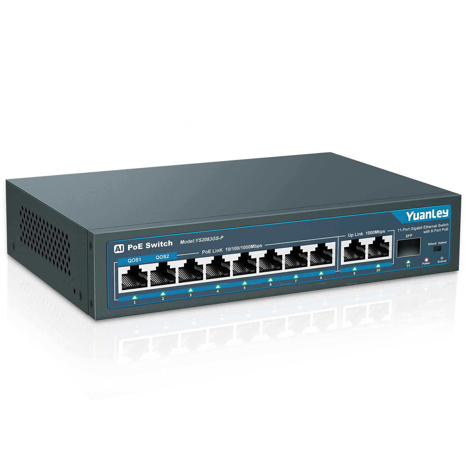 Yuanley 8 Port Gigabit Poe Switch With 2 Gigabit Uplink, 8 Poe+ Port 1000Mbps, 1 Sfp Port, 120W 802.3Af/At, Metal, Qos, Unmanage