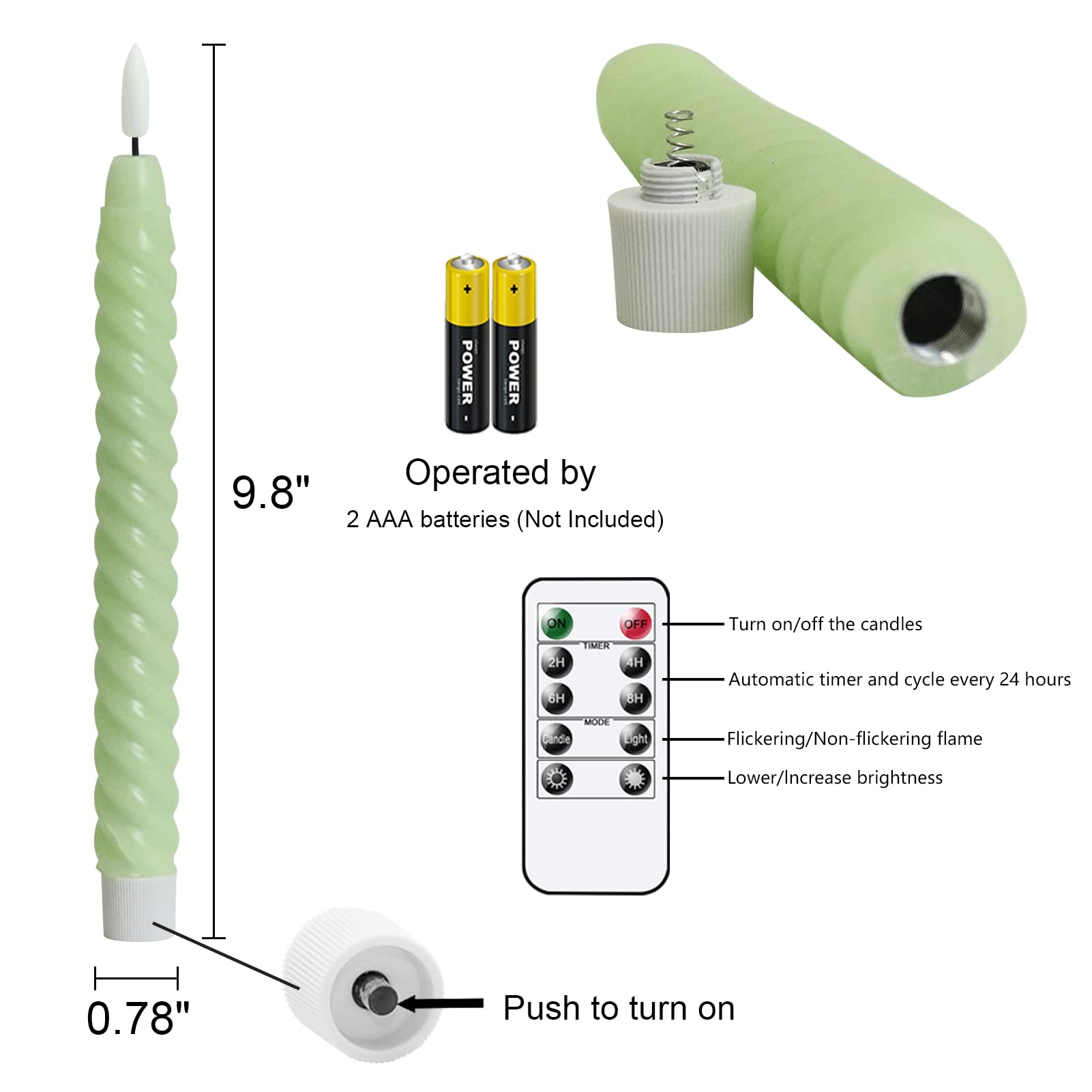Lasumora Easter Taper Candles Green Pastel Flameless Flickering With Remote Timer, Battery Operated Warm 3D Wick Led Spiral Cand