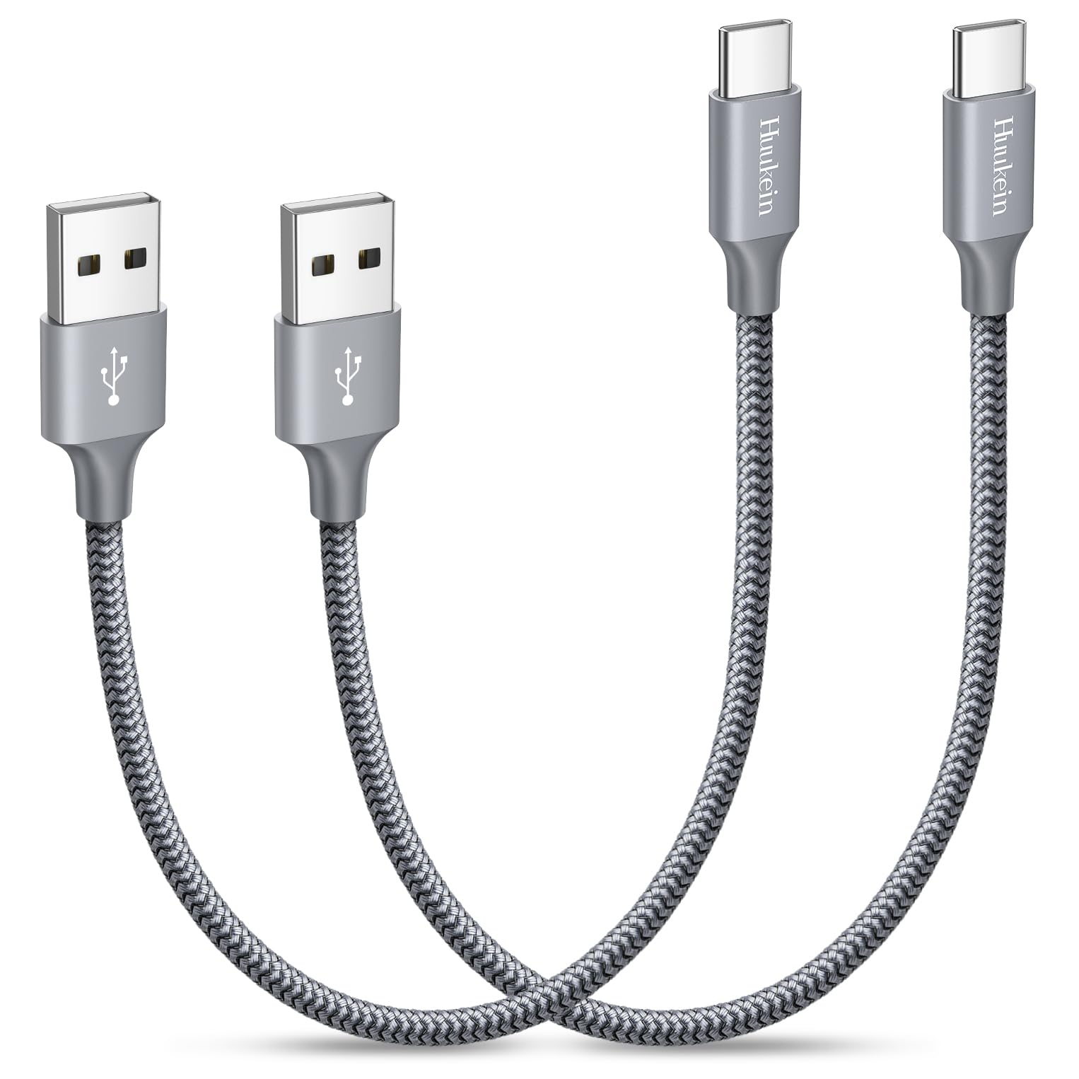 Huukein Fast Charging USB C Cable USB A to Type C Braided Nylon Grey 1ft (2-Pack)