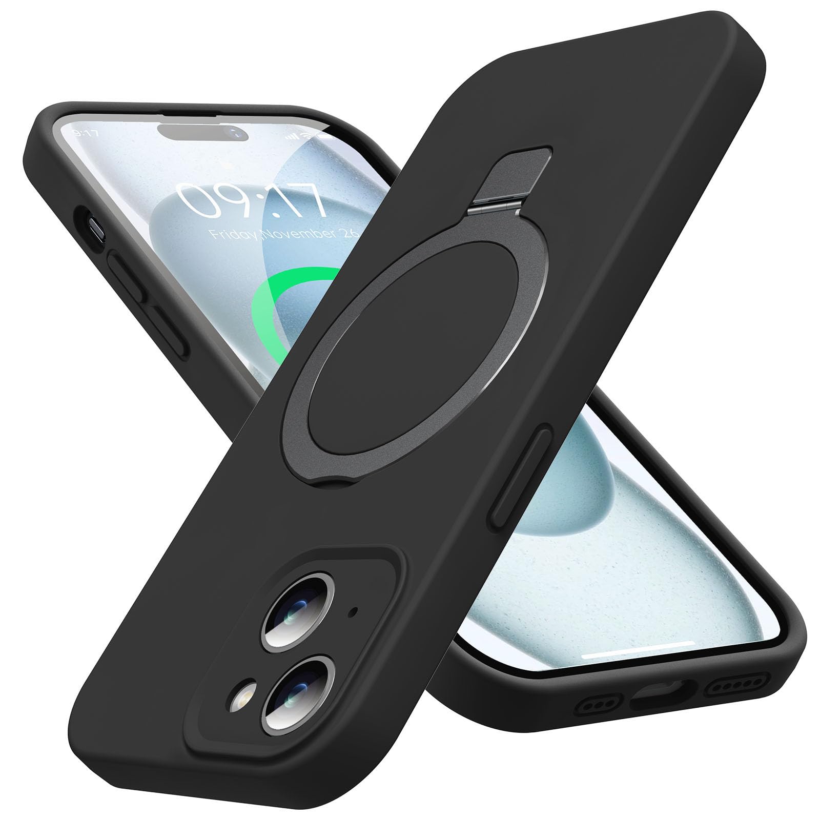 KMAMBAG Mag-Ring Designed for iPhone 15 Case, Liquid Silicone [Moisturizing Factor] Extreme Soft Slim Phone Case with Stand [Com