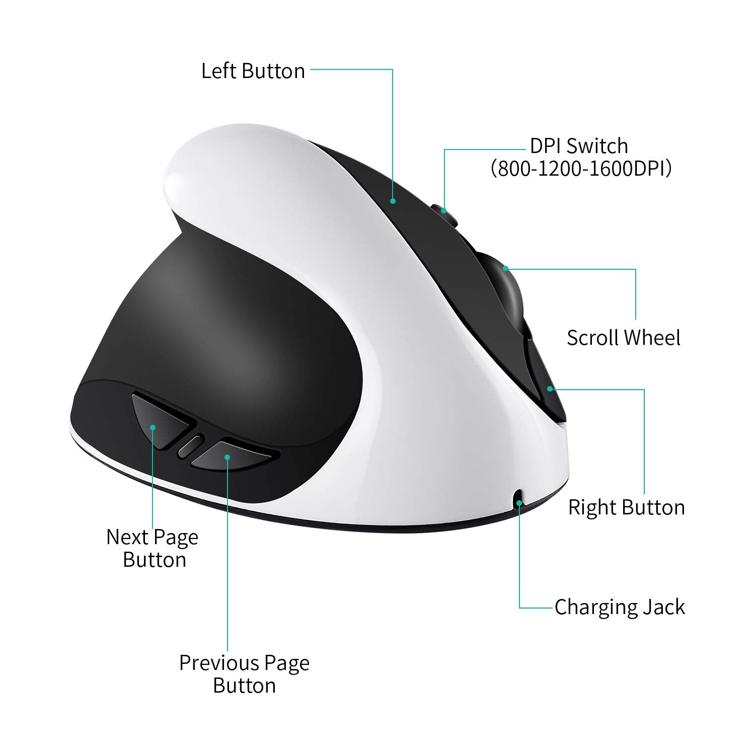 Aurtec Left Handed Mouse, Rechargeable 2.4G Wireless Ergonomic Vertical Mice With Usb Receiver, 6 Buttons And 3 Adjustable Dpi 800/1200/1600 For Left Hand, White