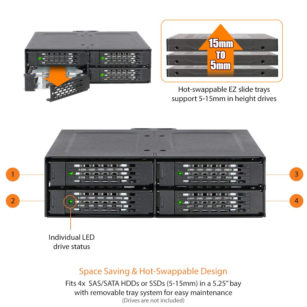 ICY DOCK 4 Bay 2.5 SAS/SATA HDD/SSD Metal Mobile Rack Enclosure for 5.25' Bay (with Fan Control) | ToughArmor MB607SP B