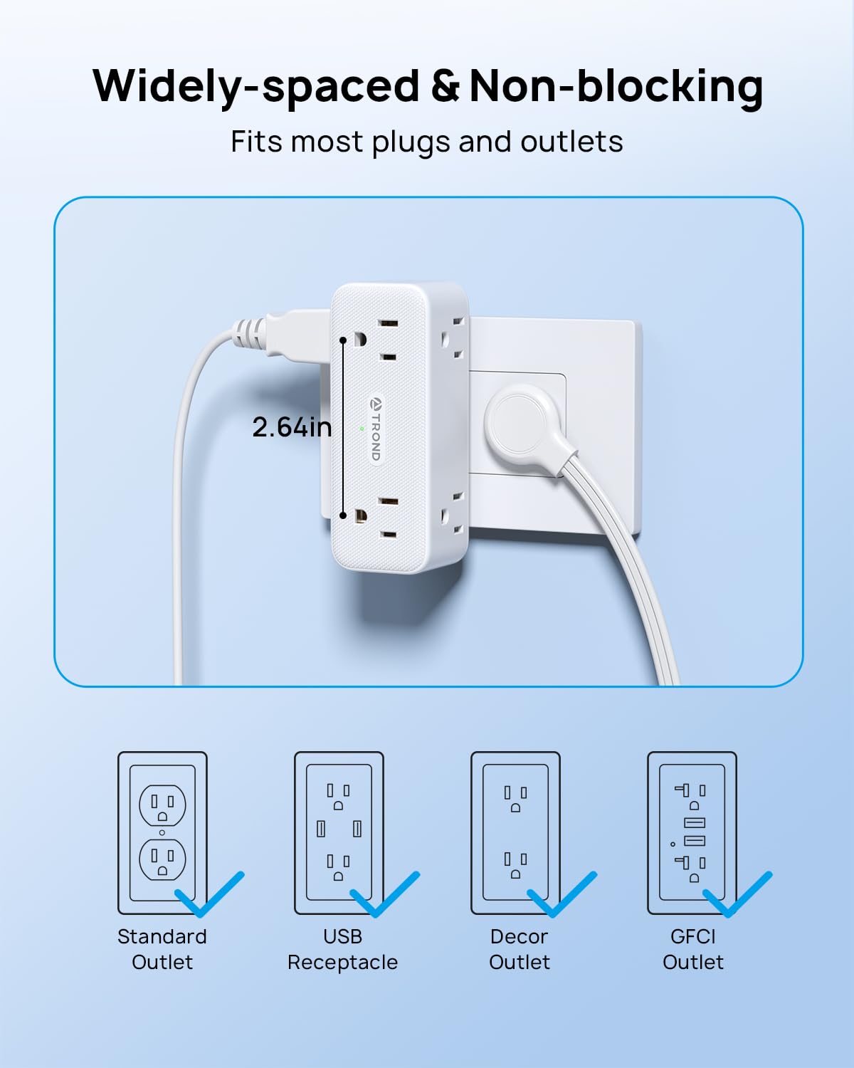 Trond Multi Plug Outlet Extender 2 Pack   6 Ac Outlet Splitter With Rotating Plug 360, 900J Surge Protector, 3 Way Multiplug Exp