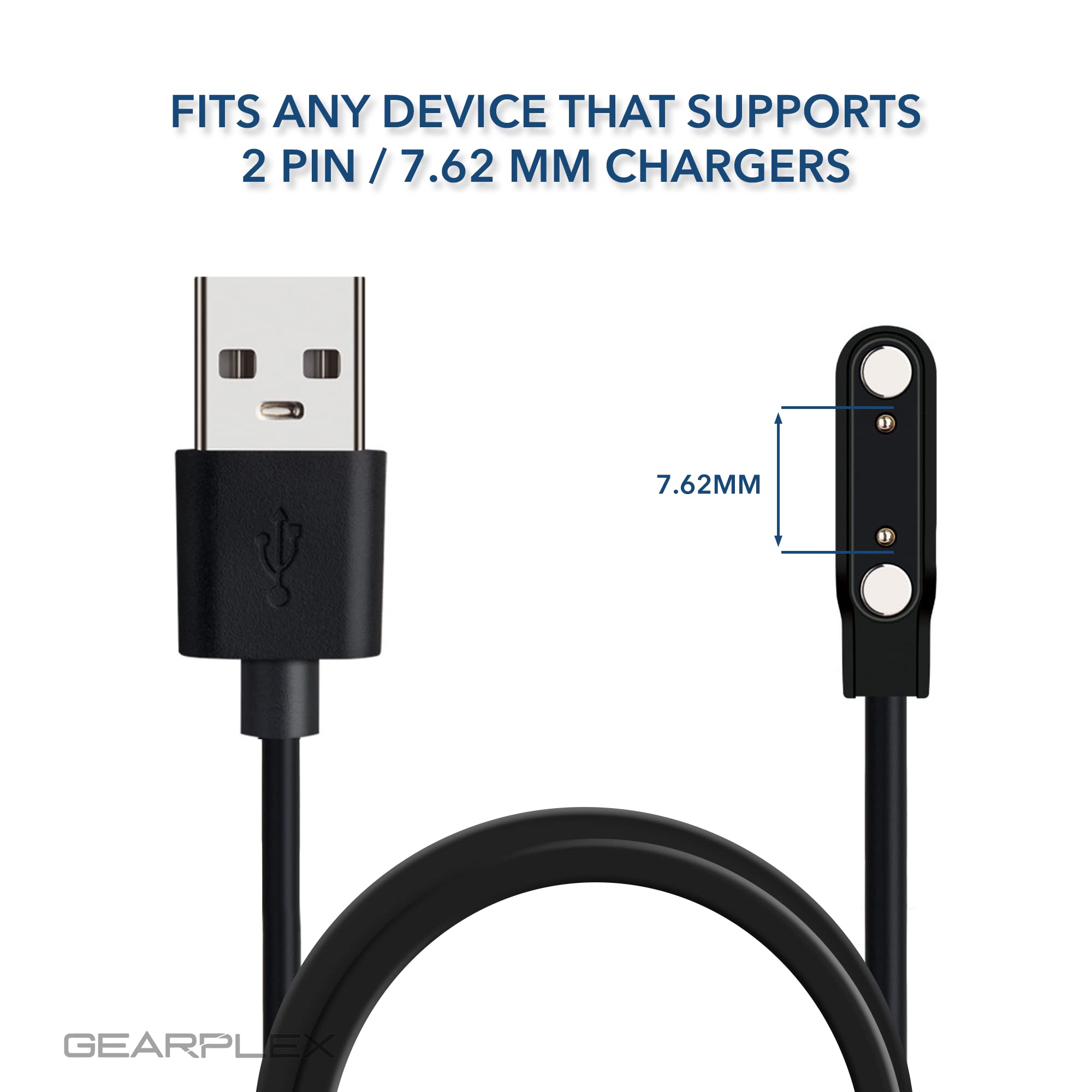 Gearplex Charging Usb Cable (2 Pin Magnetic) For Smart Watch Bluetooth Devices Black (Size- 7.6 Mm- 2 Pack)