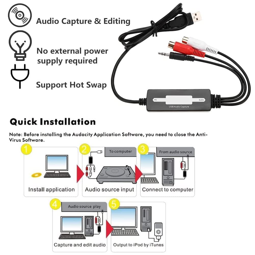 Usb Audio Capture Recorder Card Converts Turntable Lp/Cassette Tape Audio To Mp3/Wav Digital Music Converter Adapter, Support Wi