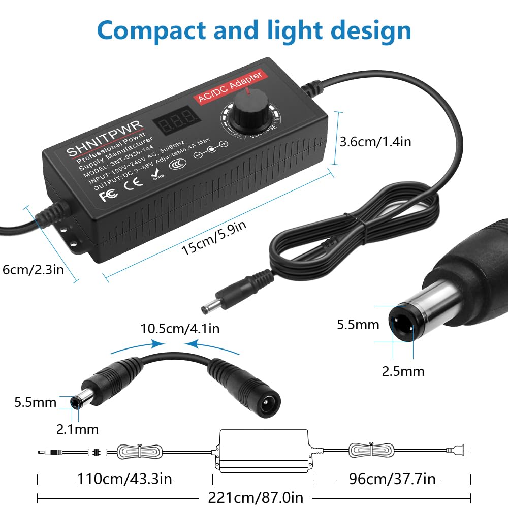 Shnitpwr 144W Universal Power Supply Adjustable Dc 36V 30V 24V 20V 19V 14V 12V 9V Ac/Dc Adapter 100V~240V Ac To Dc Variable Powe