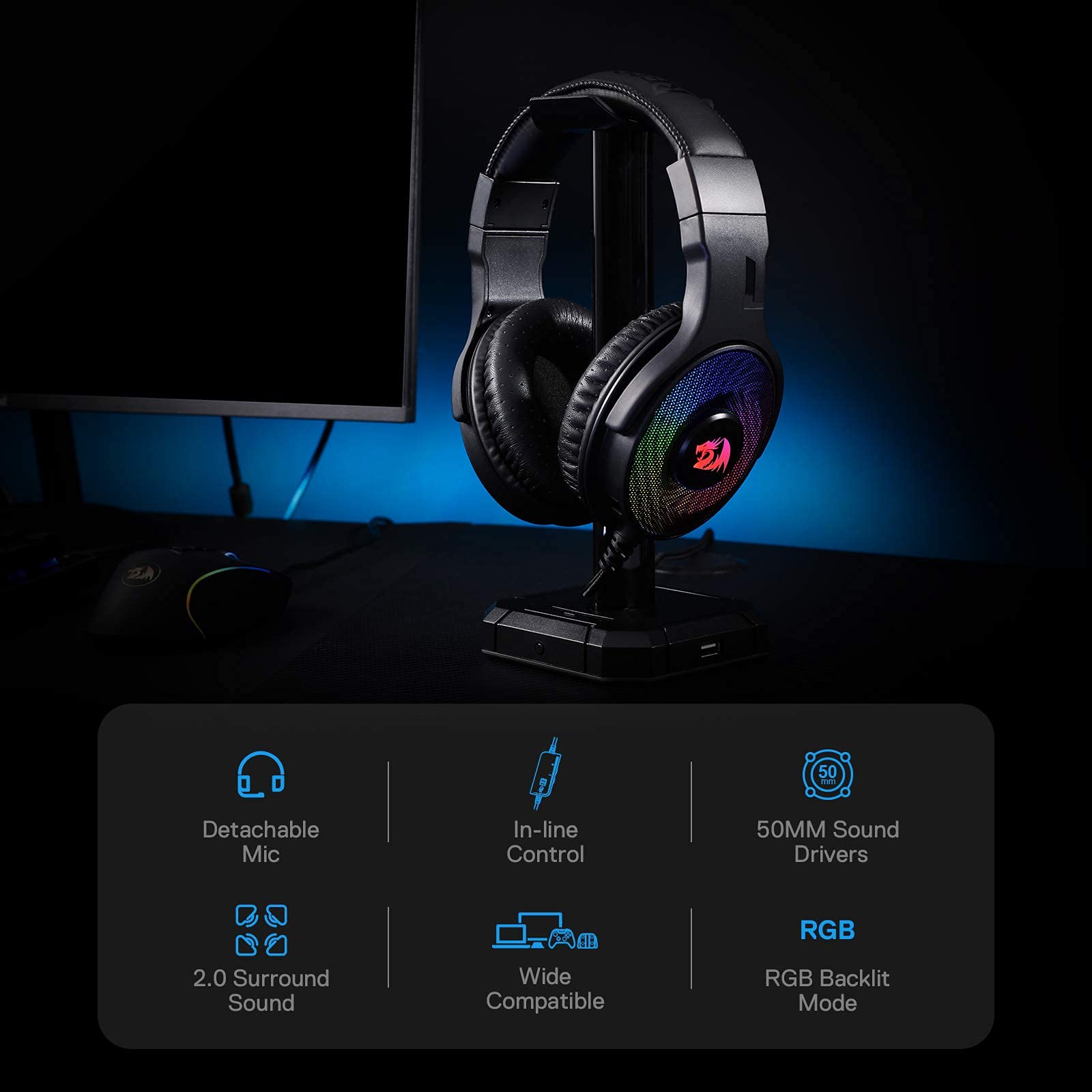 Redragon H350 Rgb Wired Gaming Headset, Dynamic Rgb Backlight - Stereo Surround-Sound - 50Mm Drivers - Detachable Microphone, Ov