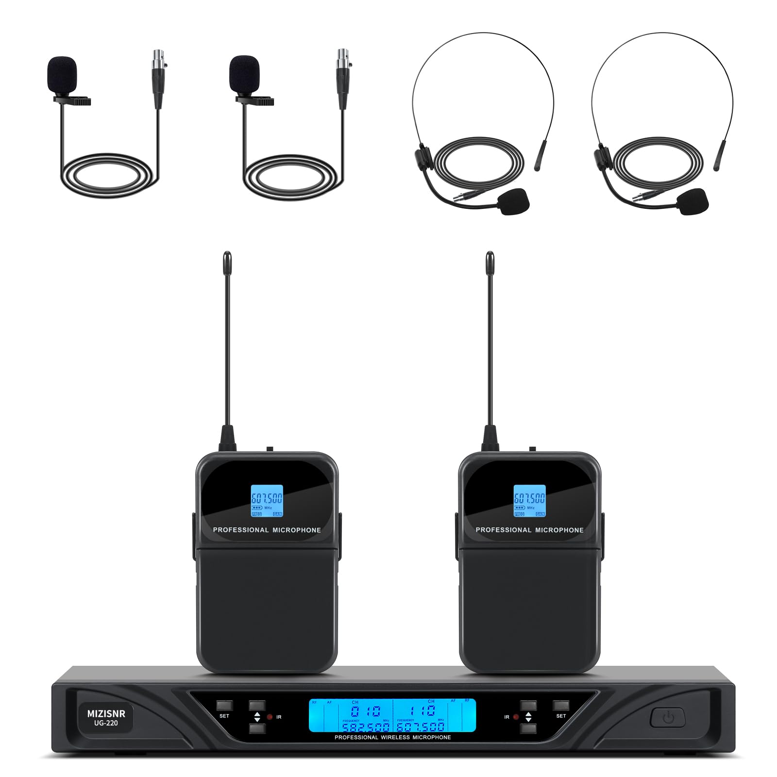 Mizisnr Wireless Lapel Microphone System, 2X100 Adjustable Frequencies Headset & Lavalier Mic Set, 300Ft Range Uhf Lavalier Mics