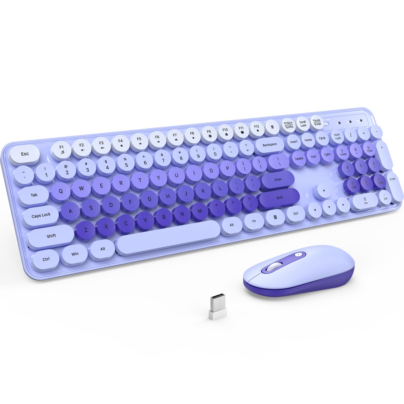 Wireless Keyboard And Mouse, Silent Keyboard Mouse Combo, Full Sized Colorful Typewriter Keyboard With Round Keycaps, 2.4G Cute 