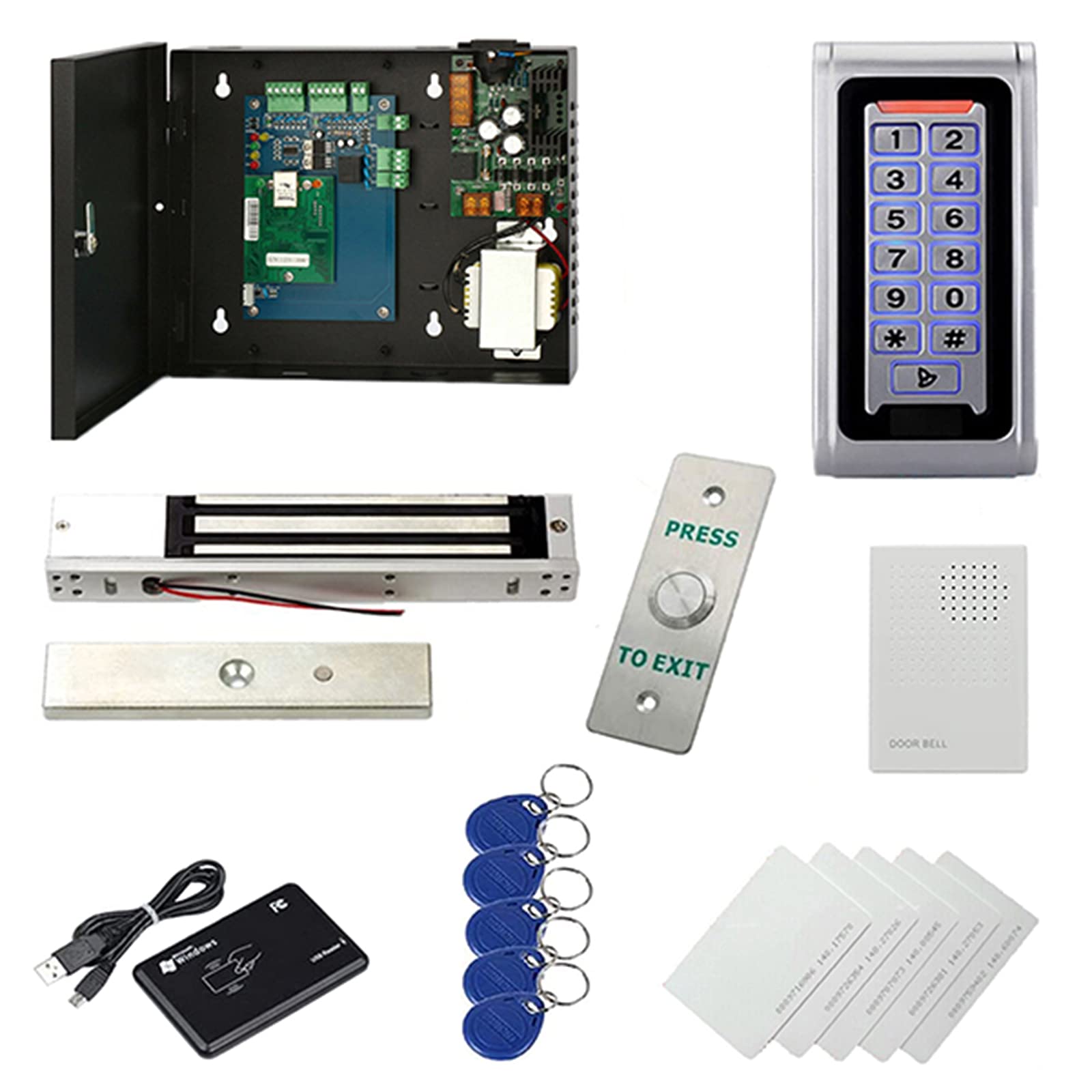 Mengqi Control Indoor Outdoor Install Waterproof 1 Door Access Control System Metal Keypad Reader Rfid Pin Code Open 600Lbs Magnetic Lock 110V Power Supply Box Management Software App Remote Open Door