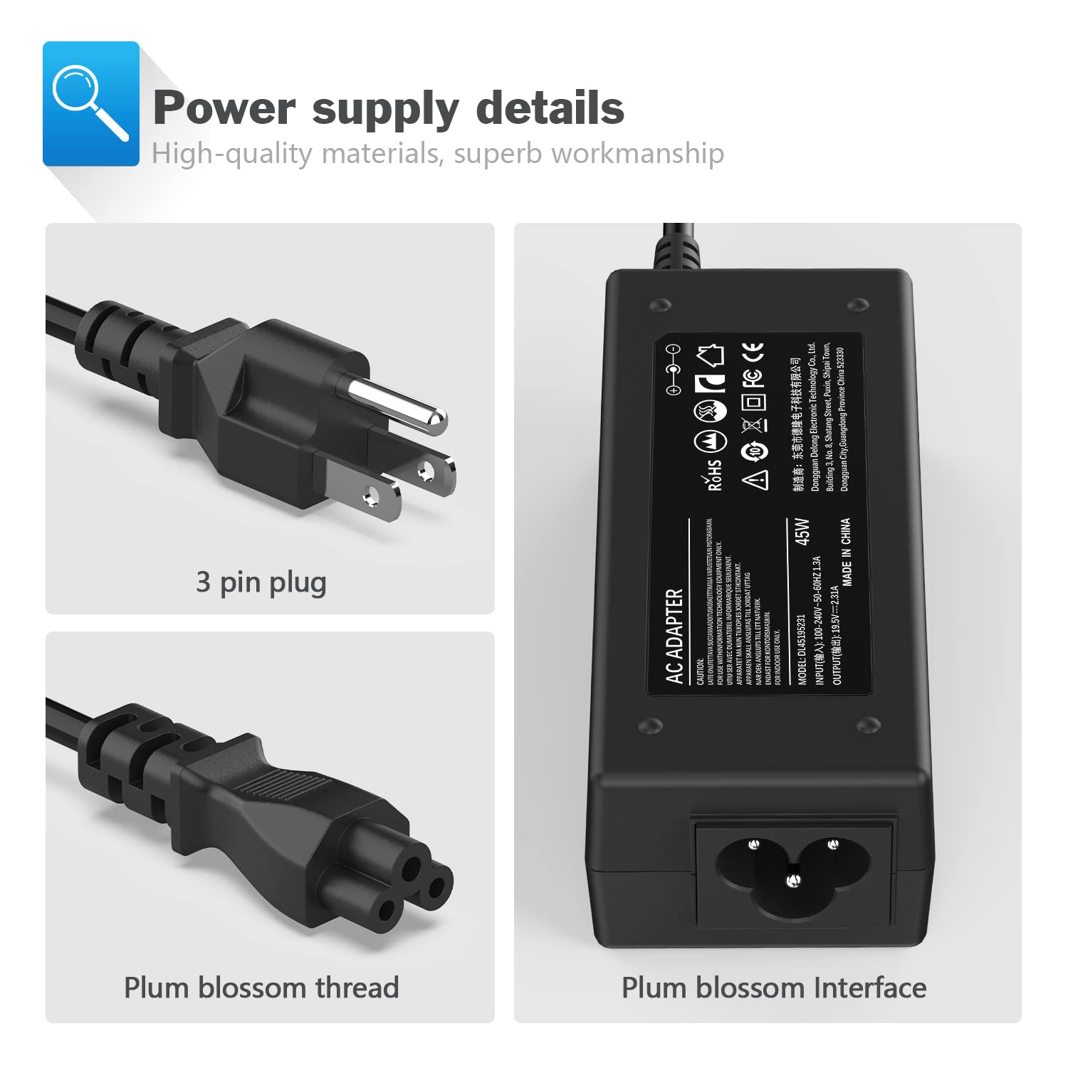 45W Laptop Charger For Dell Inspiron 15 3000 5000 15 3552 3555 3558 3565 3567 5551 5552 5555 5558 5559 5565 5567 5568 5578 7558 7568 7569 7579 19.5V 2.31A Ac Adapter Power Supply Cord