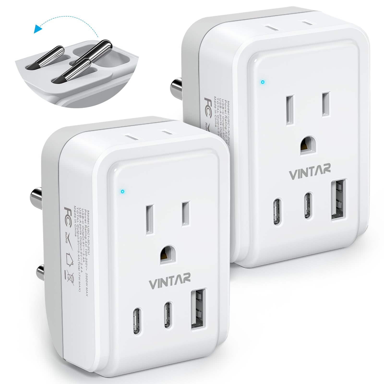 2 Pack Us To India Plug Adapter, Vintar Foldable India Power Adapter With 2 Outlets And 3 Usb Ports(2 Usb C), 5 In 1 Type D Plug