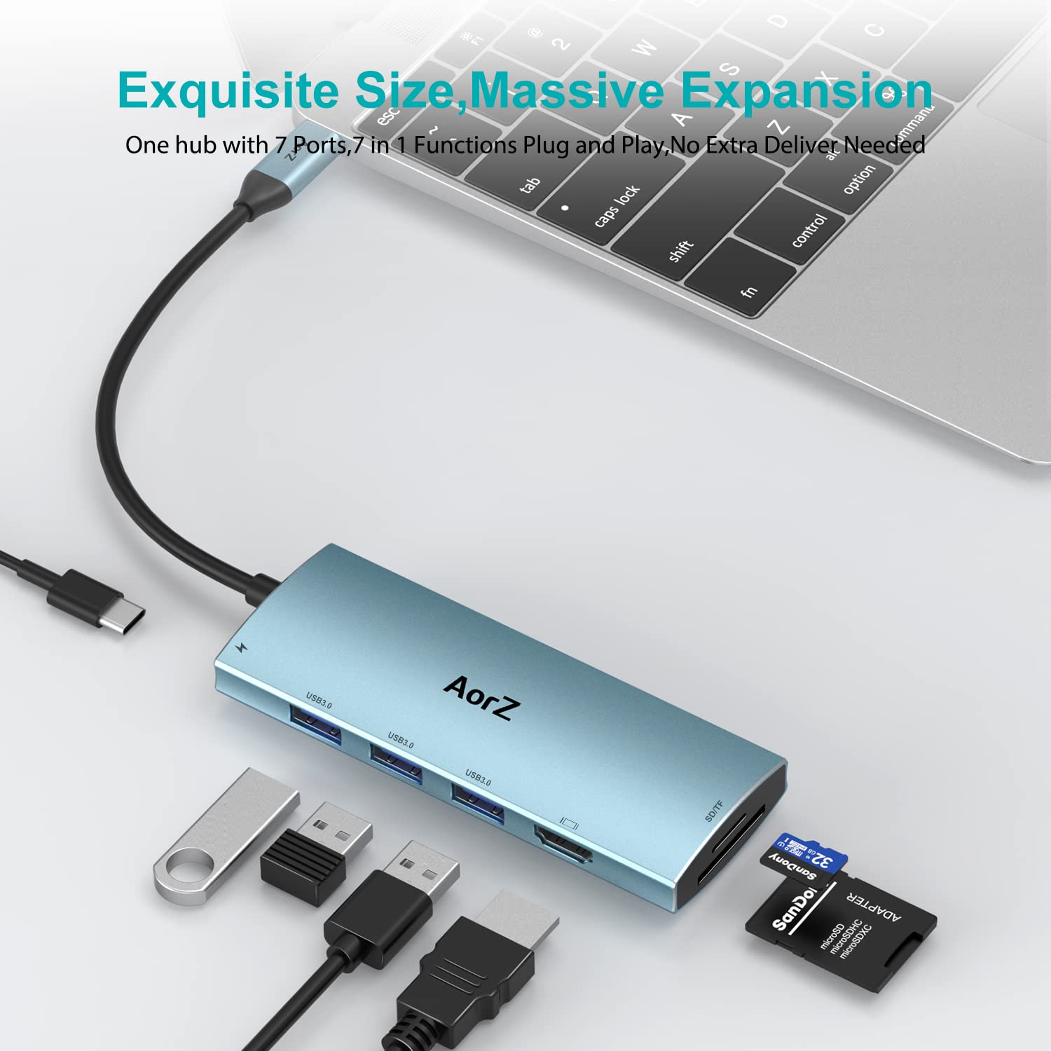 Usb C Hub, Usb Hub To Hdmi Multiport Aorz Usb C Dongle Adapter 7 In 1 With Hdmi Output, 3 Usb 3.0 Ports,Sd/Micro Sd Port,100W Pd Charging Port Usb C Hub (Light Blue)